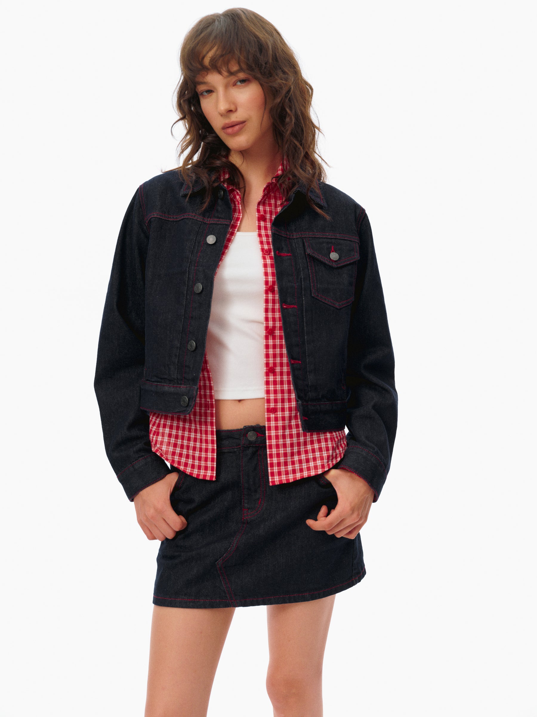 Red Stitching Structured Cropped Denim Jacket deep blue