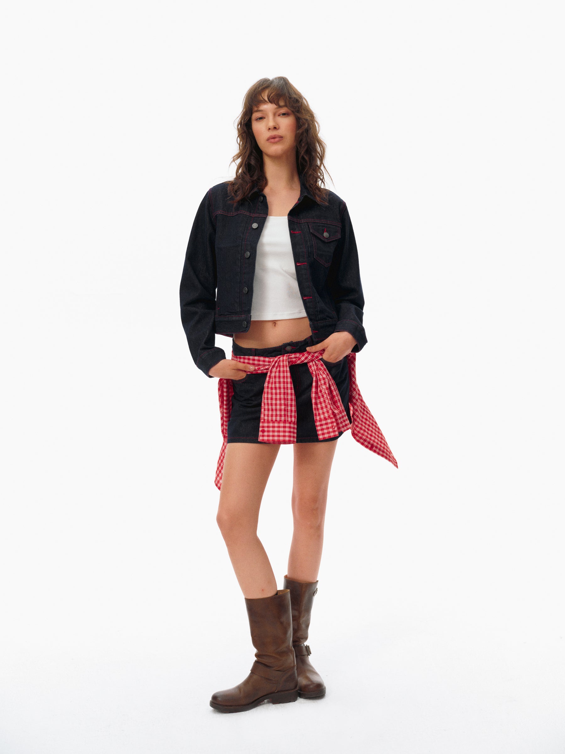 Red Stitching Structured Cropped Denim Jacket deep blue