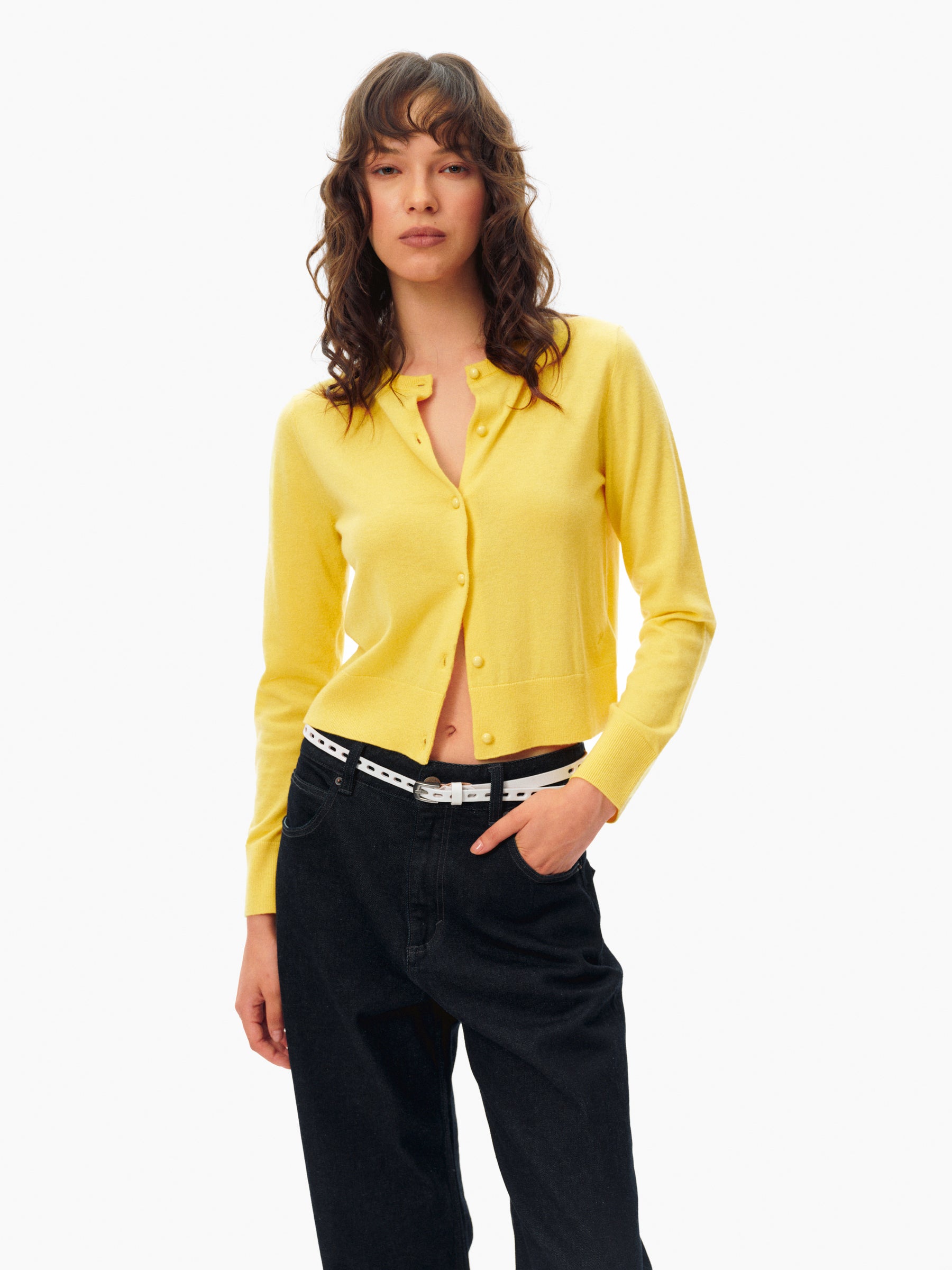 100% Wool Cropped Button-Front Knit Cardigan bright yellow
