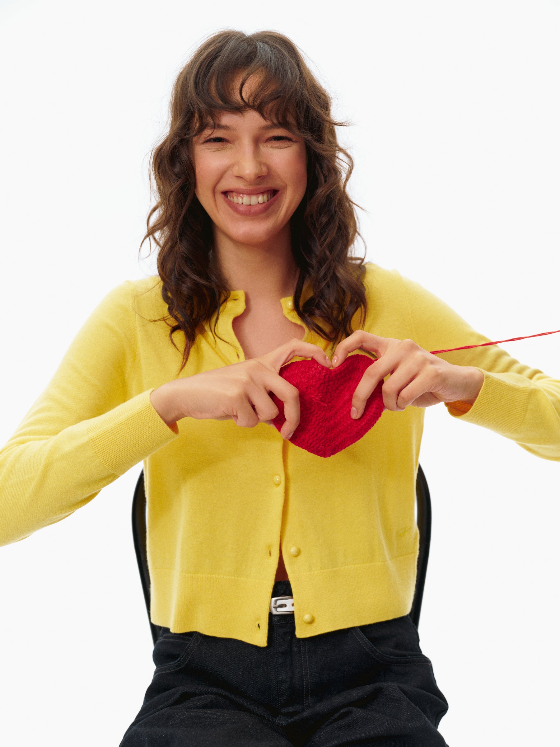 100% Wool Cropped Button-Front Knit Cardigan bright yellow