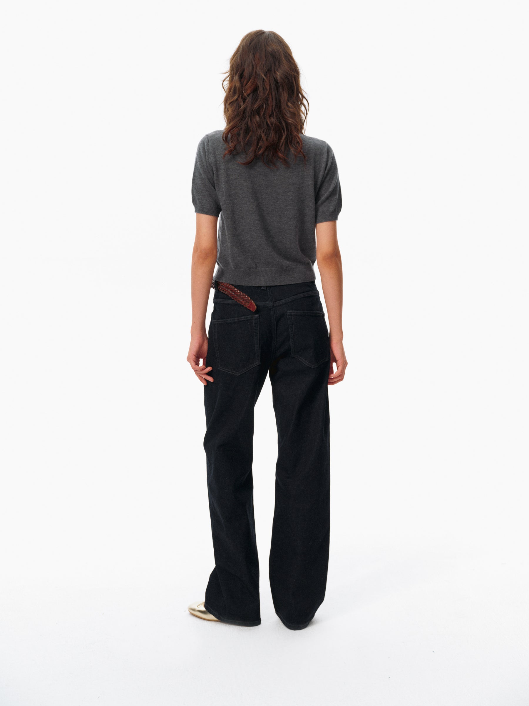 100% Wool Mock Neck Brushed Knit Short-Sleeve Top deep gray