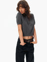 100% Wool Mock Neck Brushed Knit Short-Sleeve Top deep gray