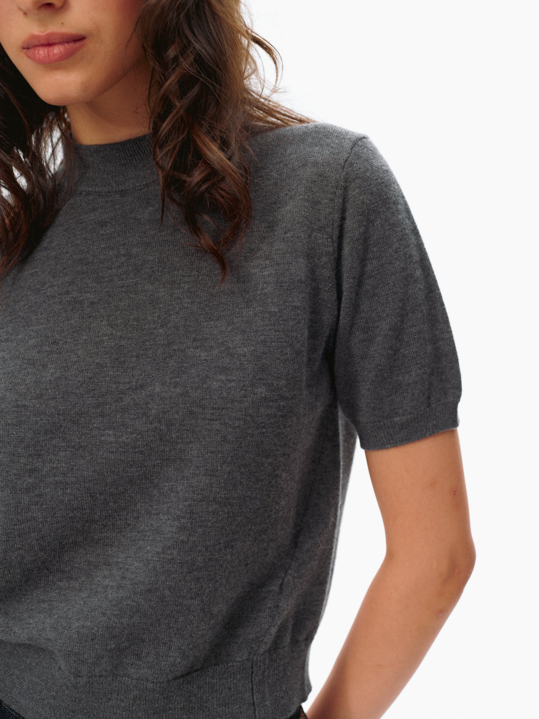 100% Wool Mock Neck Brushed Knit Short-Sleeve Top deep gray