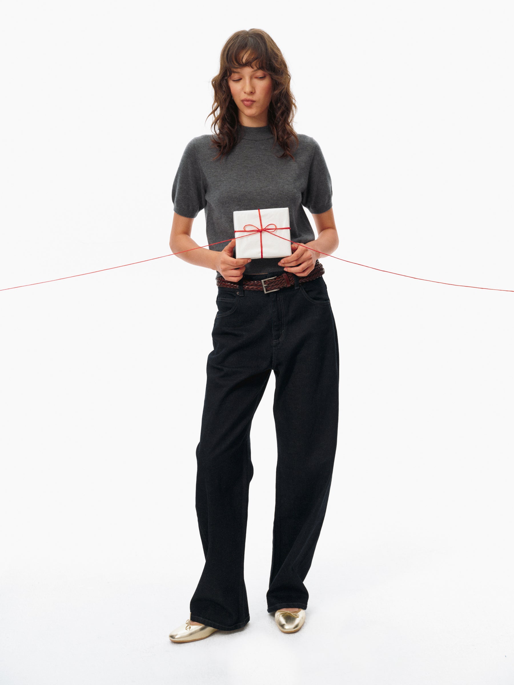 100% Wool Mock Neck Brushed Knit Short-Sleeve Top deep gray