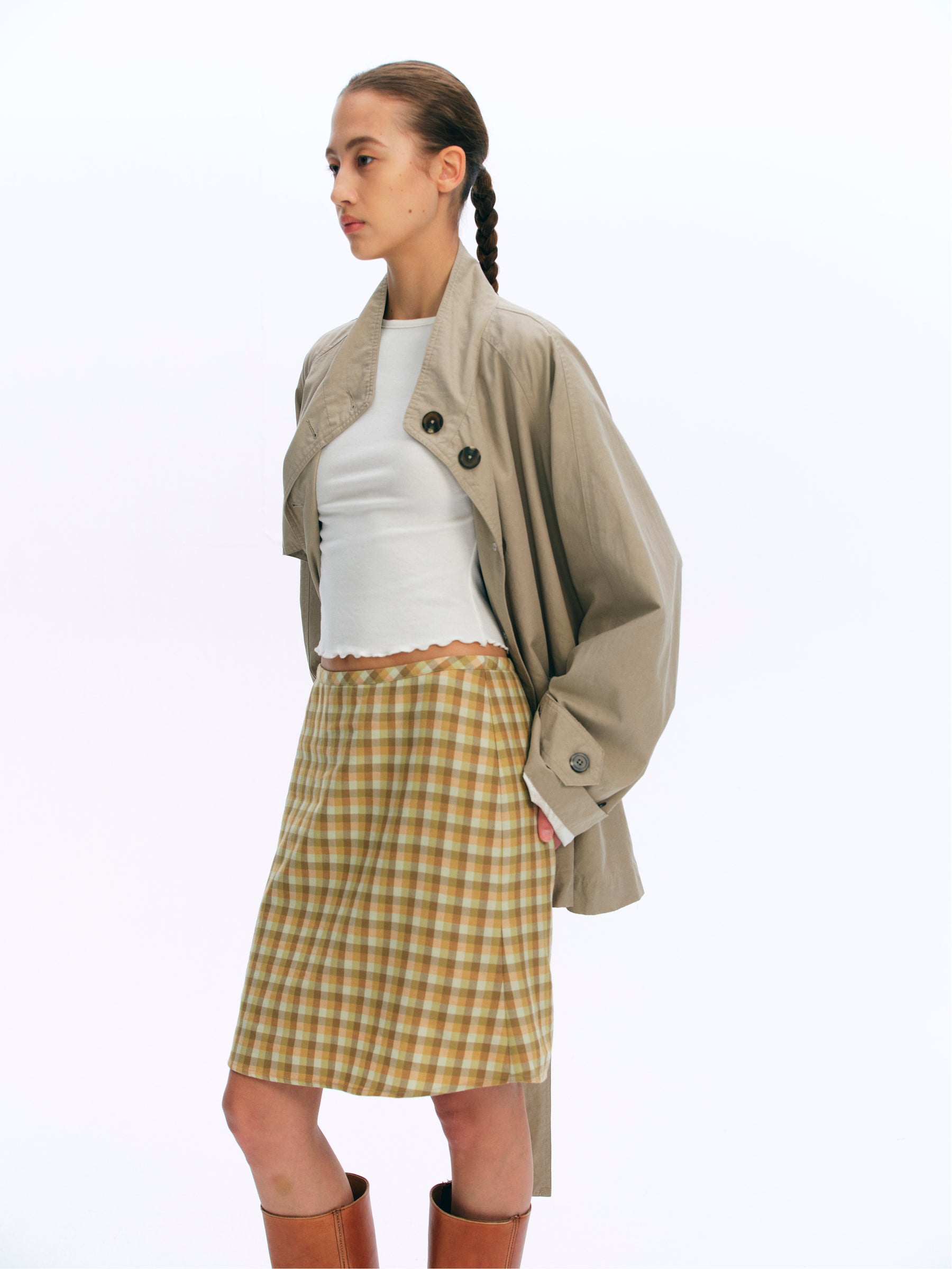 Mid-Rise Wool Blend Vintage Check Mermaid Skirt yellow and green check