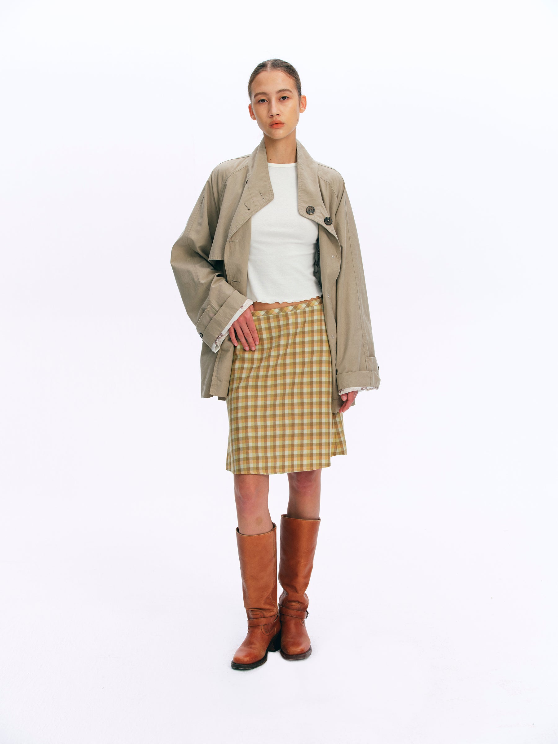Mid-Rise Wool Blend Vintage Check Mermaid Skirt yellow and green check