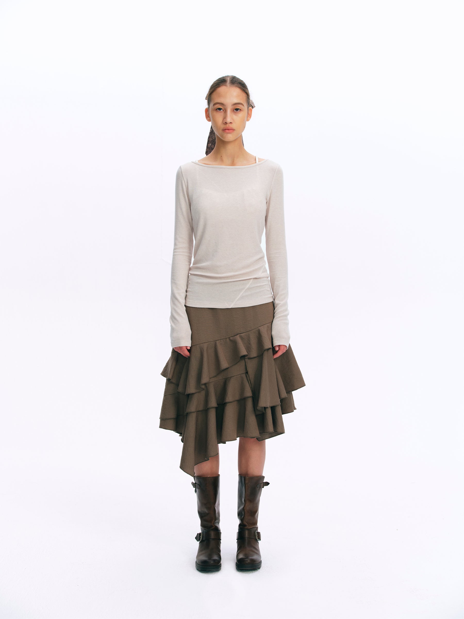 Mid-Rise Asymmetric Ruffle Tiered Skirt dusty tea green