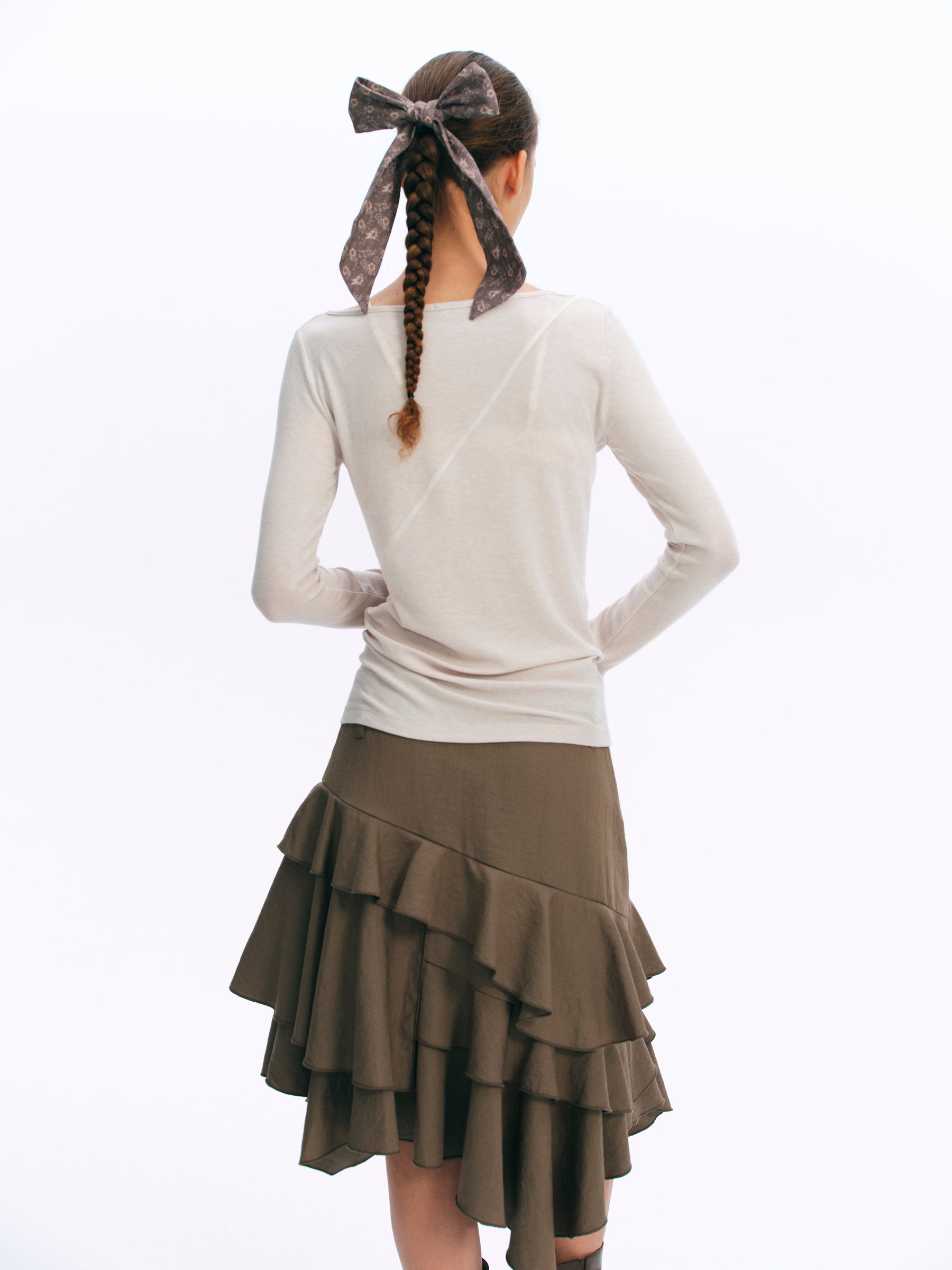 Mid-Rise Asymmetric Ruffle Tiered Skirt dusty tea green