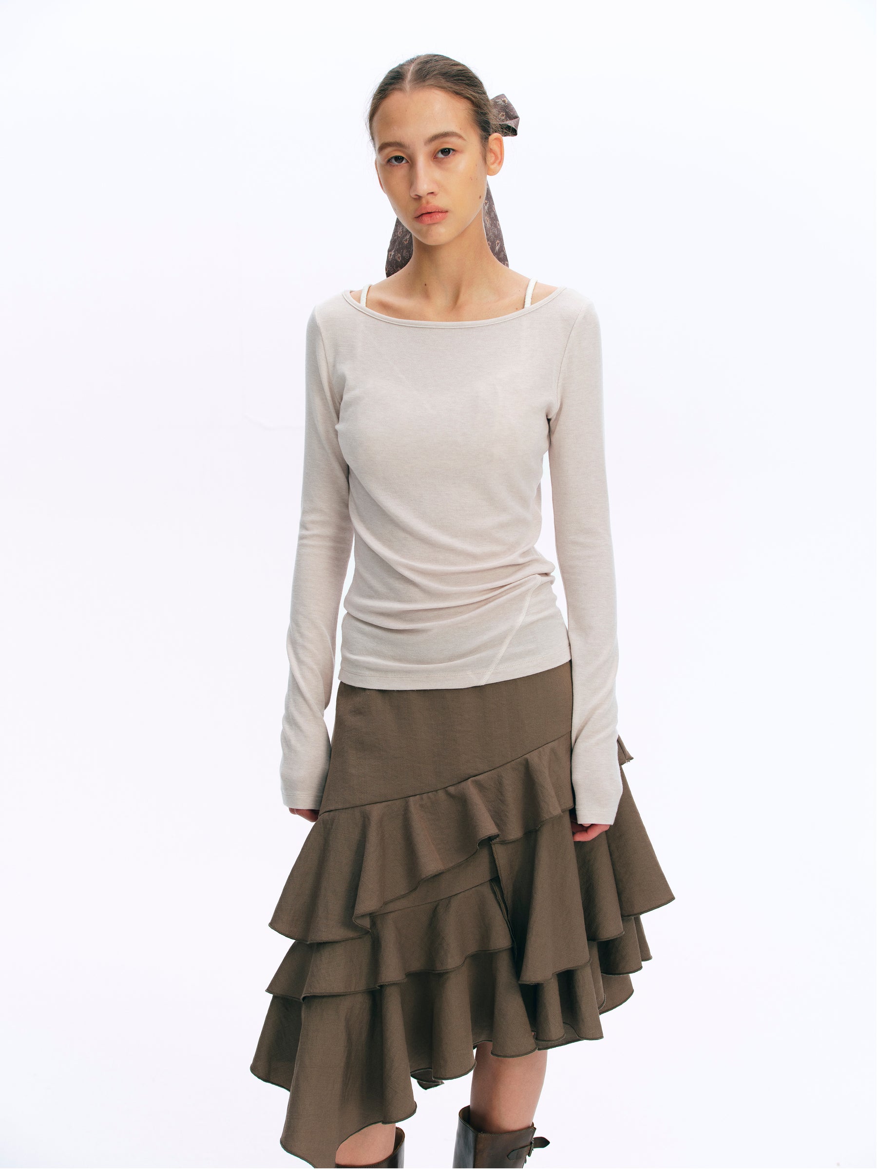 Wool Blend Boat Neck Paneled Relaxed Long-Sleeve Top oatmeal