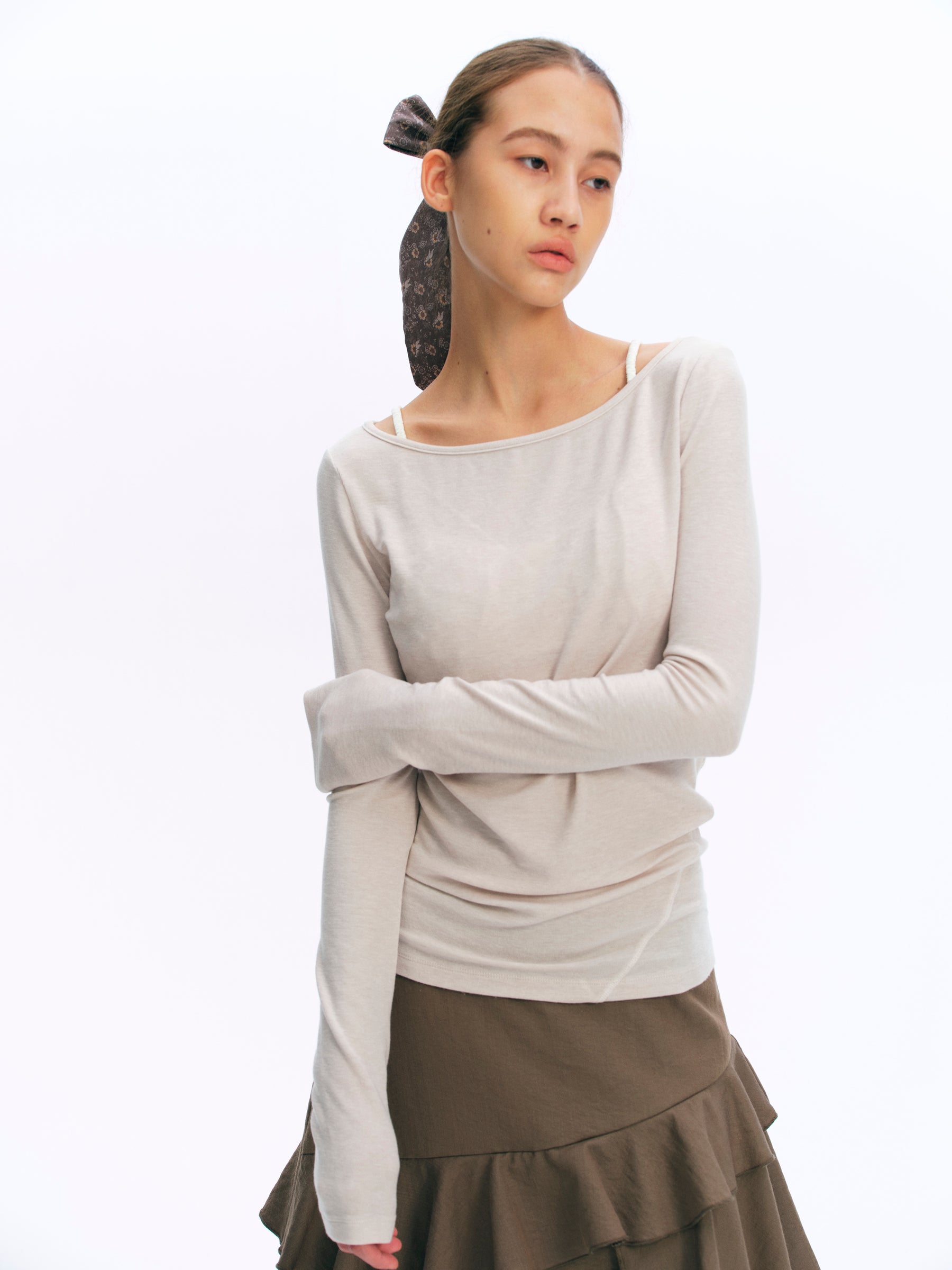 Wool Blend Boat Neck Paneled Relaxed Long-Sleeve Top oatmeal