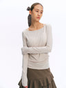 Wool Blend Boat Neck Paneled Relaxed Long-Sleeve Top oatmeal