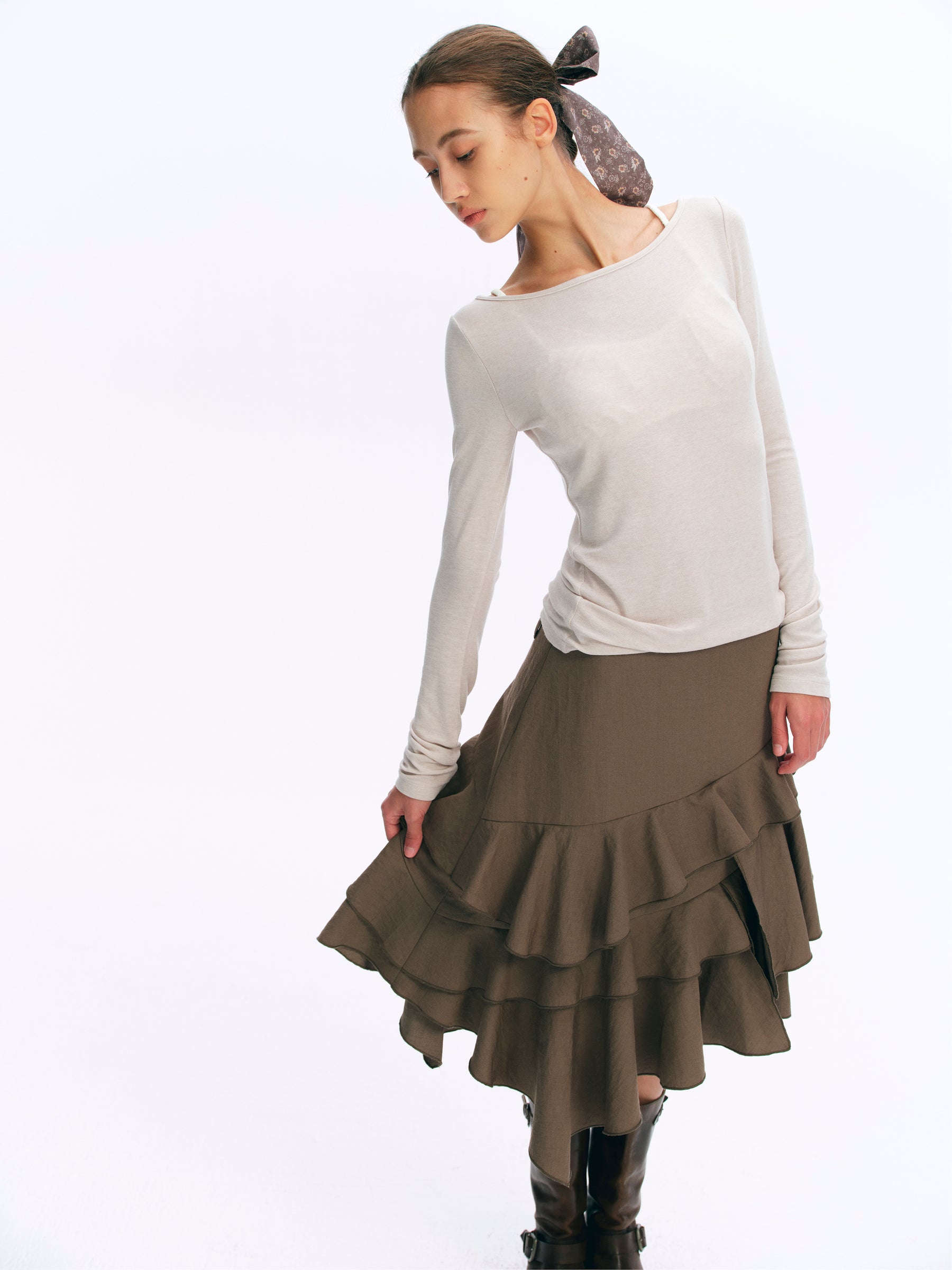 Mid-Rise Asymmetric Ruffle Tiered Skirt dusty tea green