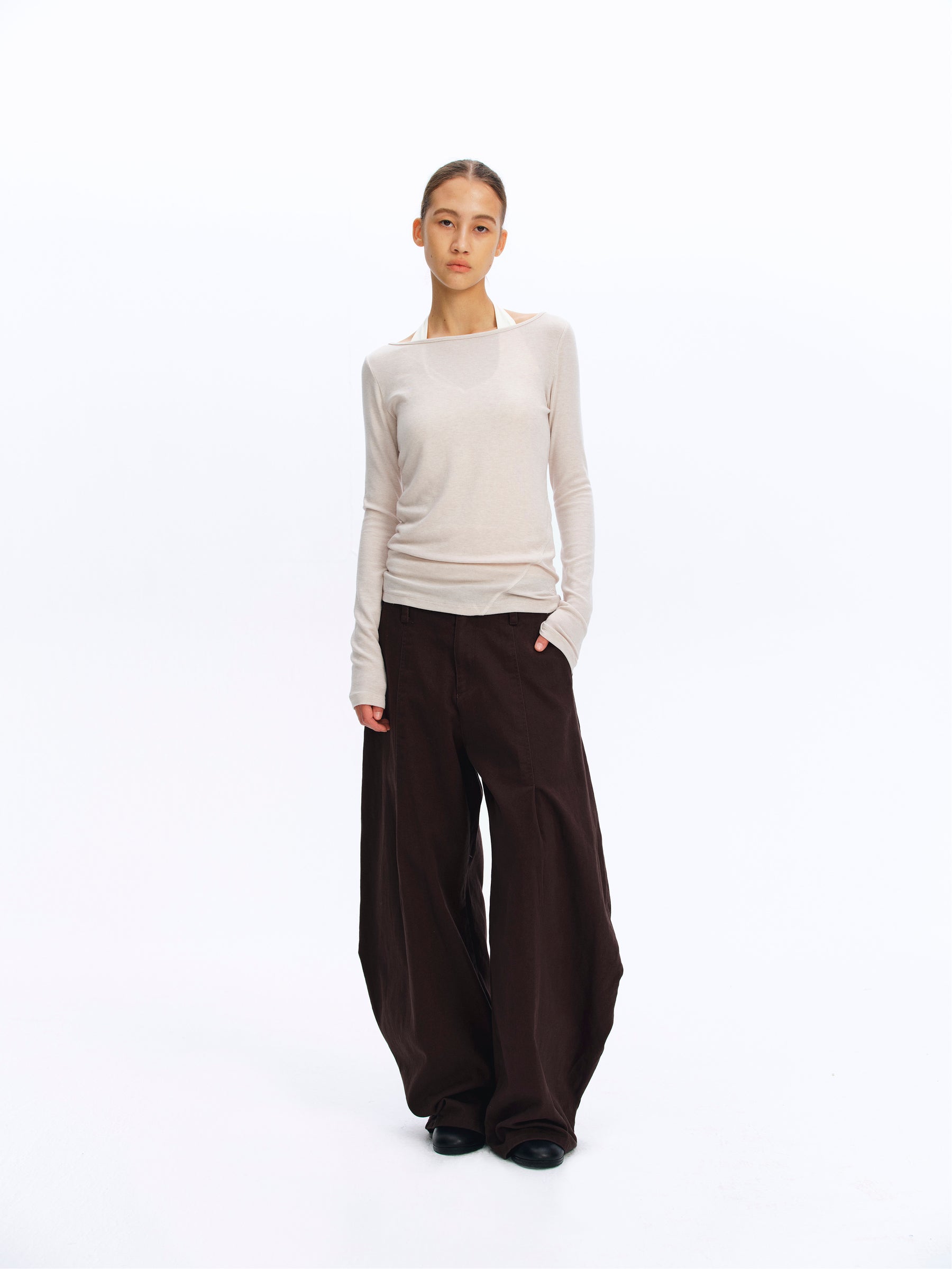Wool Blend Boat Neck Paneled Relaxed Long-Sleeve Top oatmeal