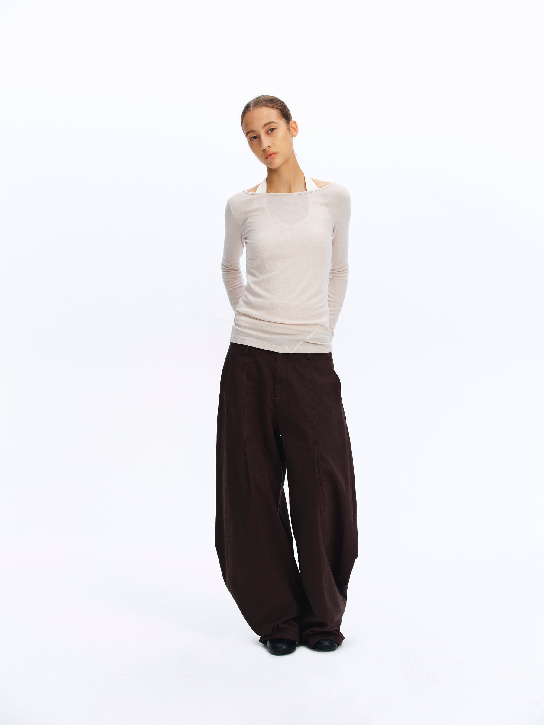 Wool Blend Boat Neck Paneled Relaxed Long-Sleeve Top oatmeal