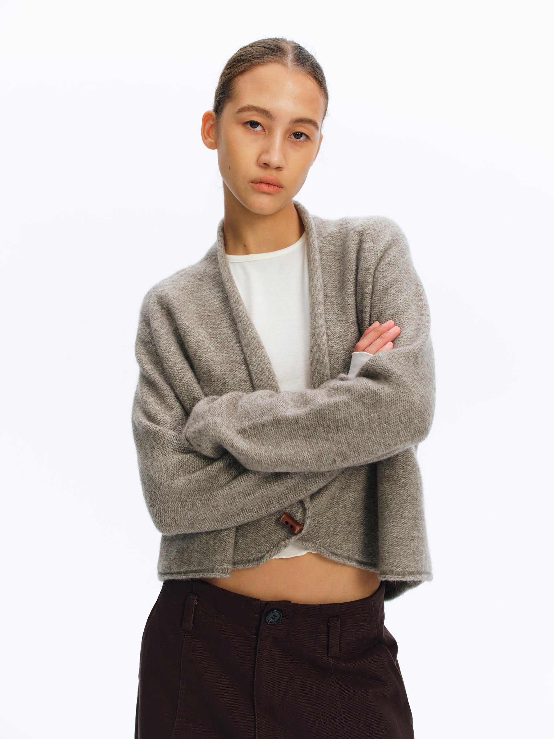 Wool Blend Curved Placket Knit Coat sage green