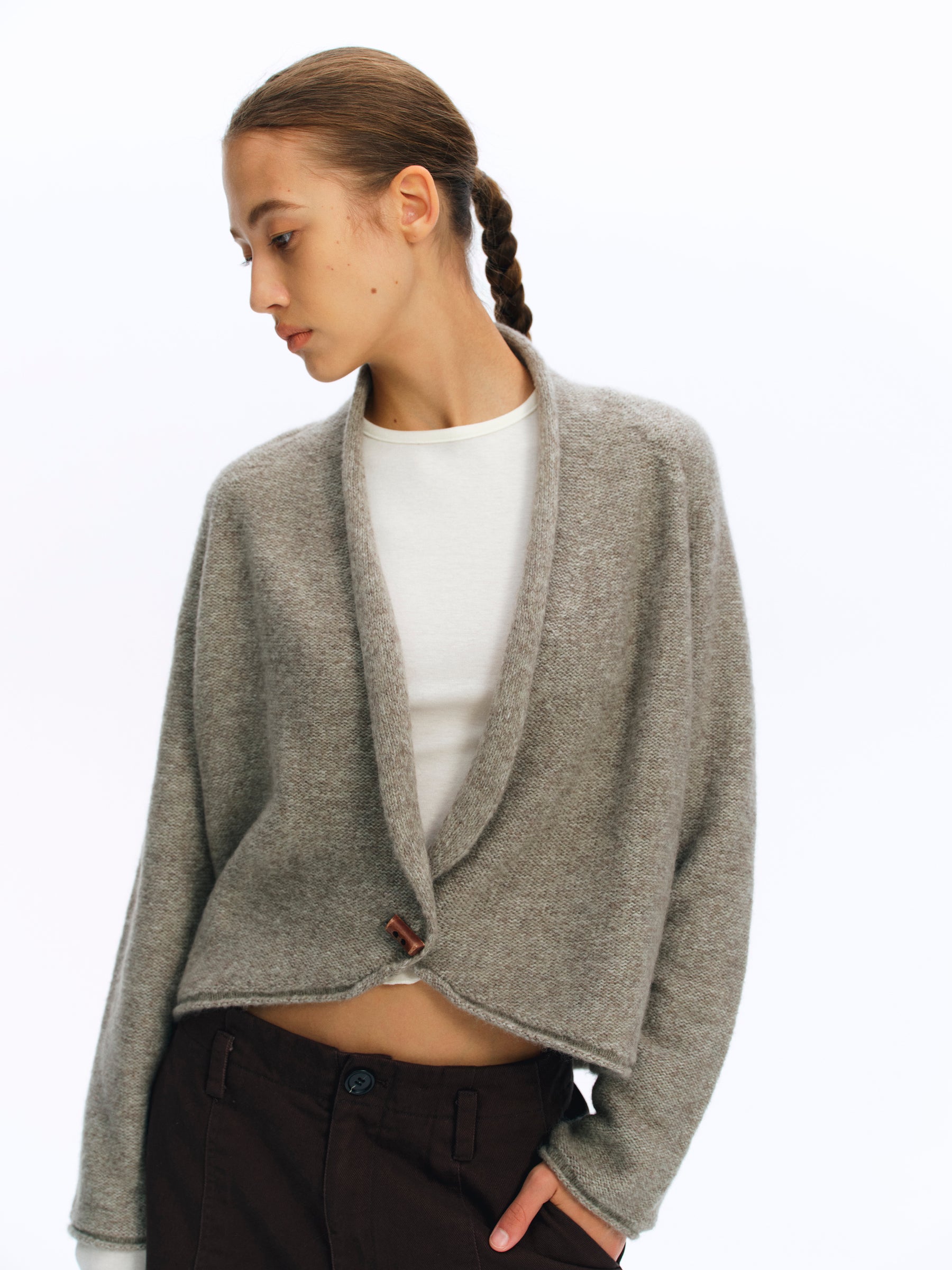 Wool Blend Curved Placket Knit Coat sage green