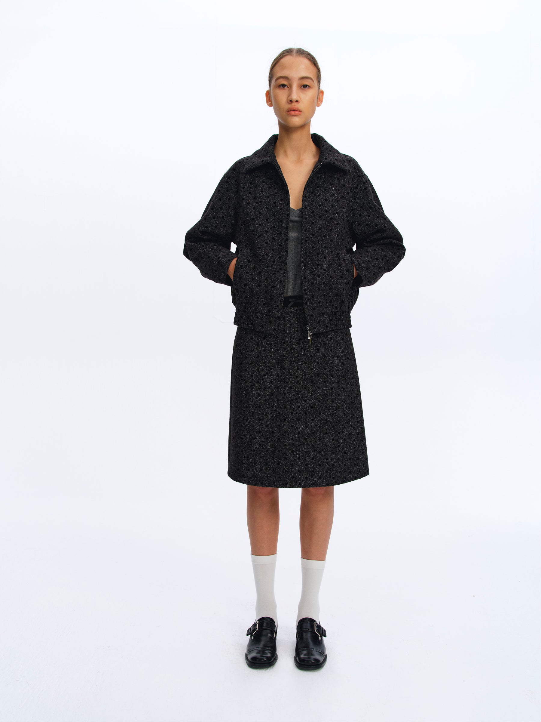 Tweed Marled Dot Jacquard Cropped Jacket deep gray