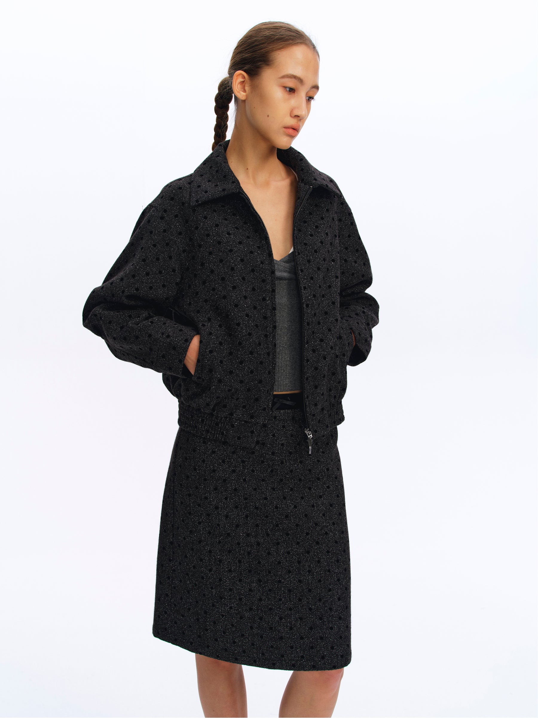 Tweed Marled Dot Jacquard Cropped Jacket deep gray