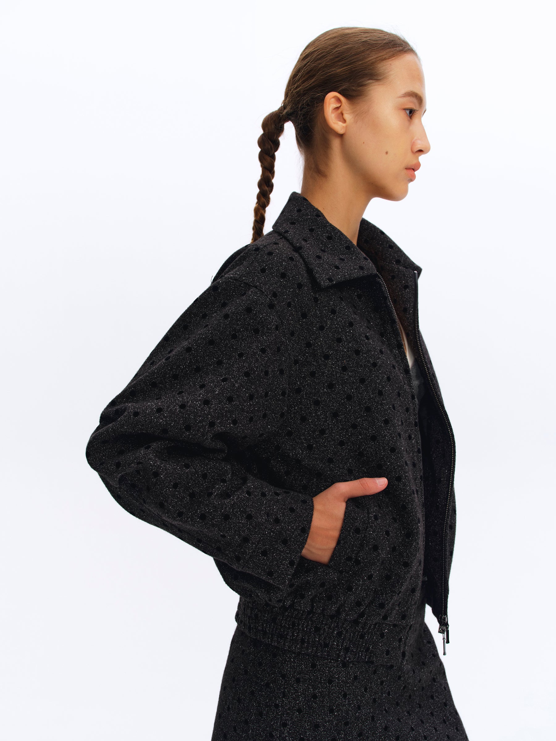 Tweed Marled Dot Jacquard Cropped Jacket deep gray