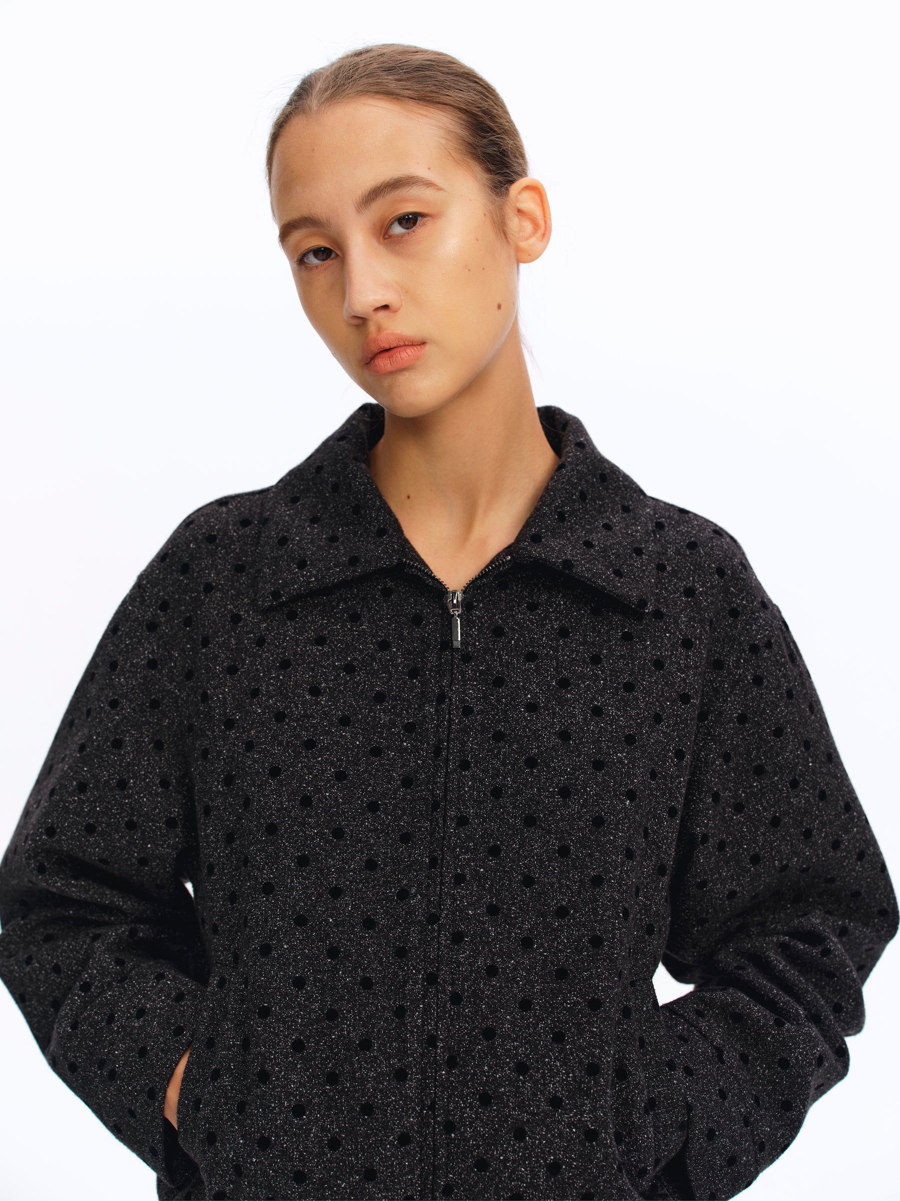 Tweed Marled Dot Jacquard Cropped Jacket deep gray
