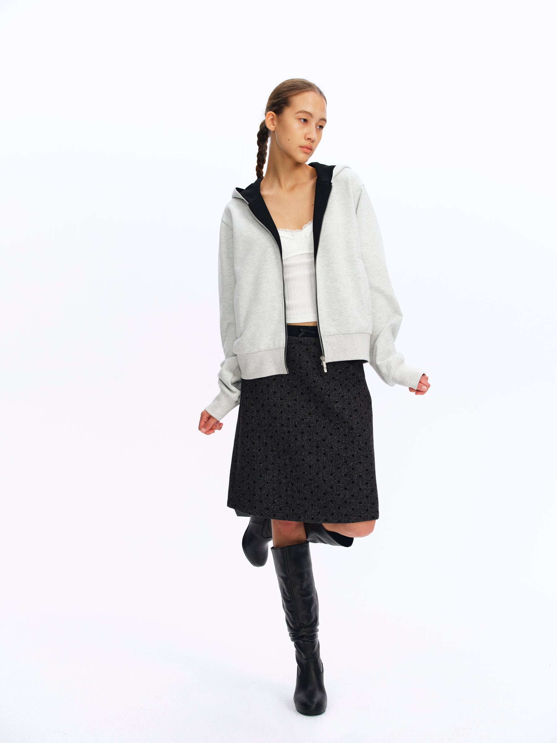 Dual-Zipper Color-Block Cropped Hoodie gray