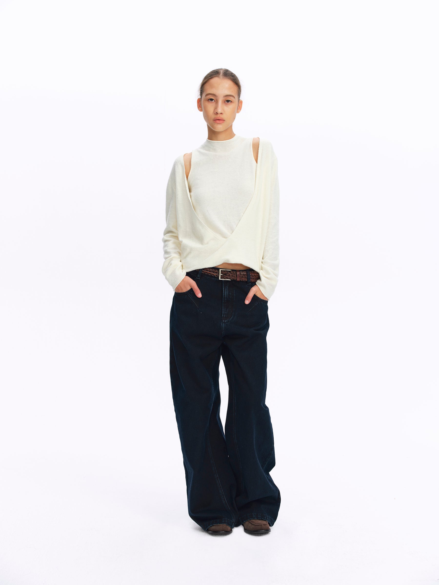 Mock Two-Piece Cut-Out Shoulder Mock Neck Top white