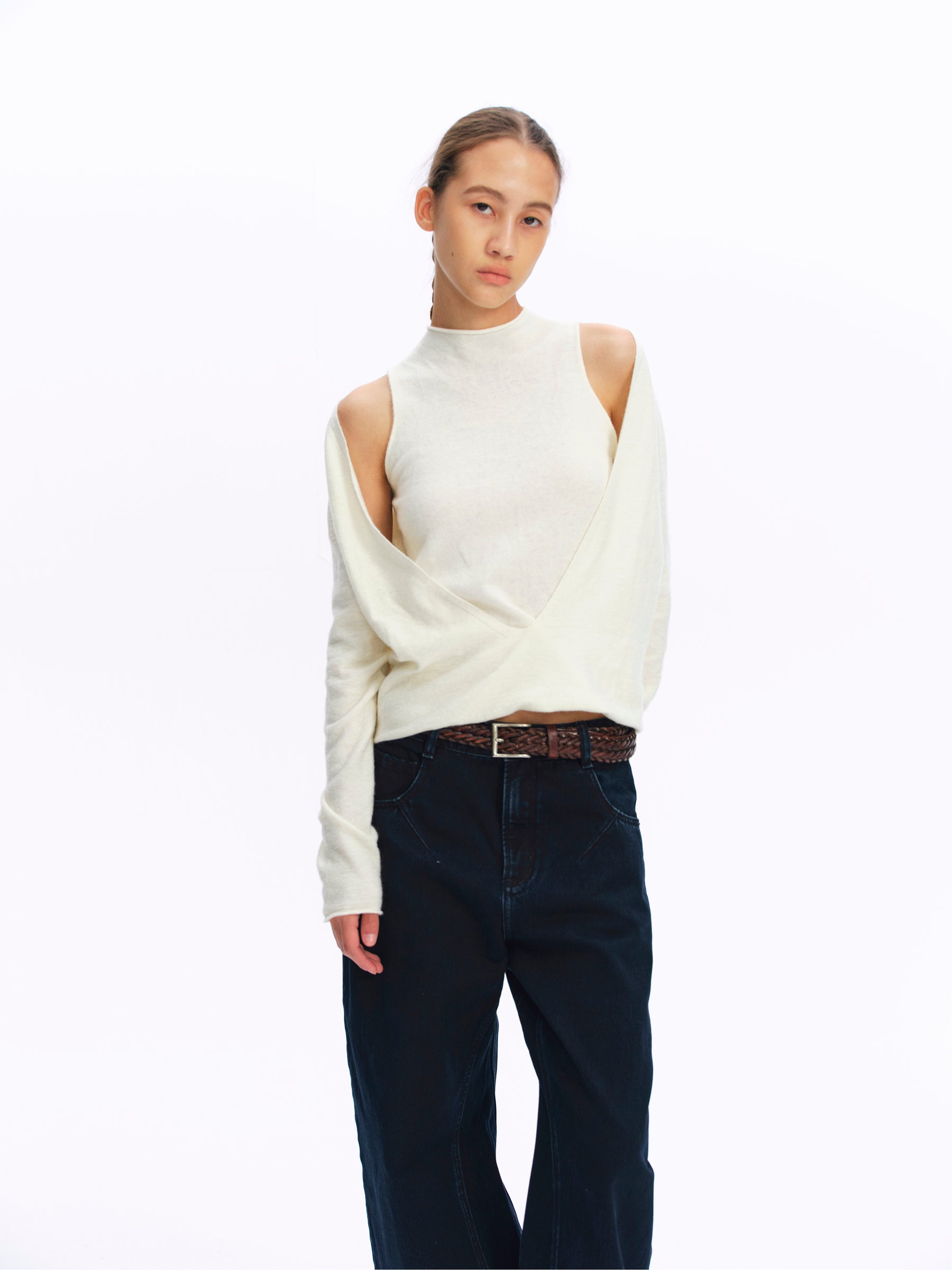 Mock Two-Piece Cut-Out Shoulder Mock Neck Top white
