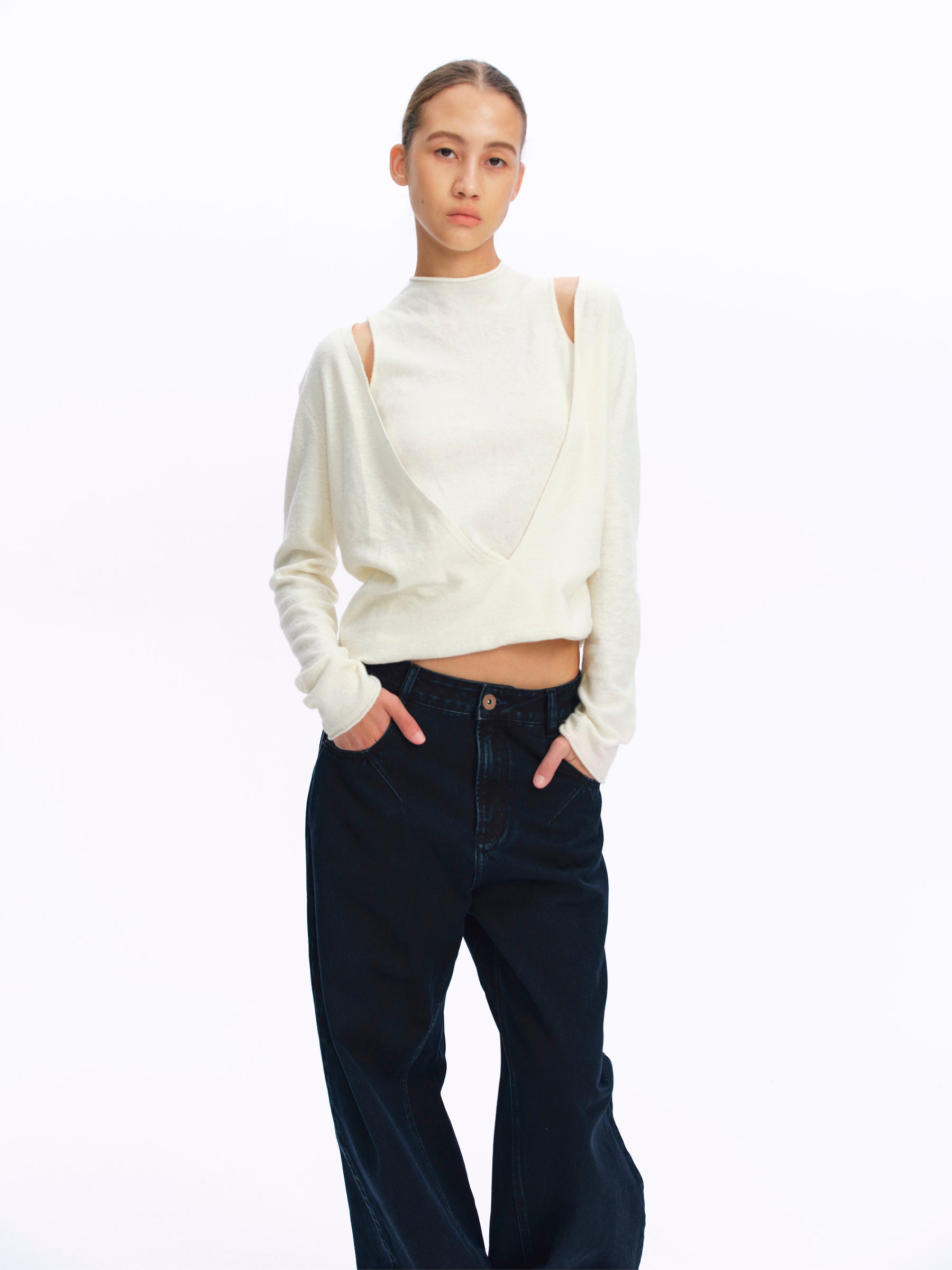 Mock Two-Piece Cut-Out Shoulder Mock Neck Top white