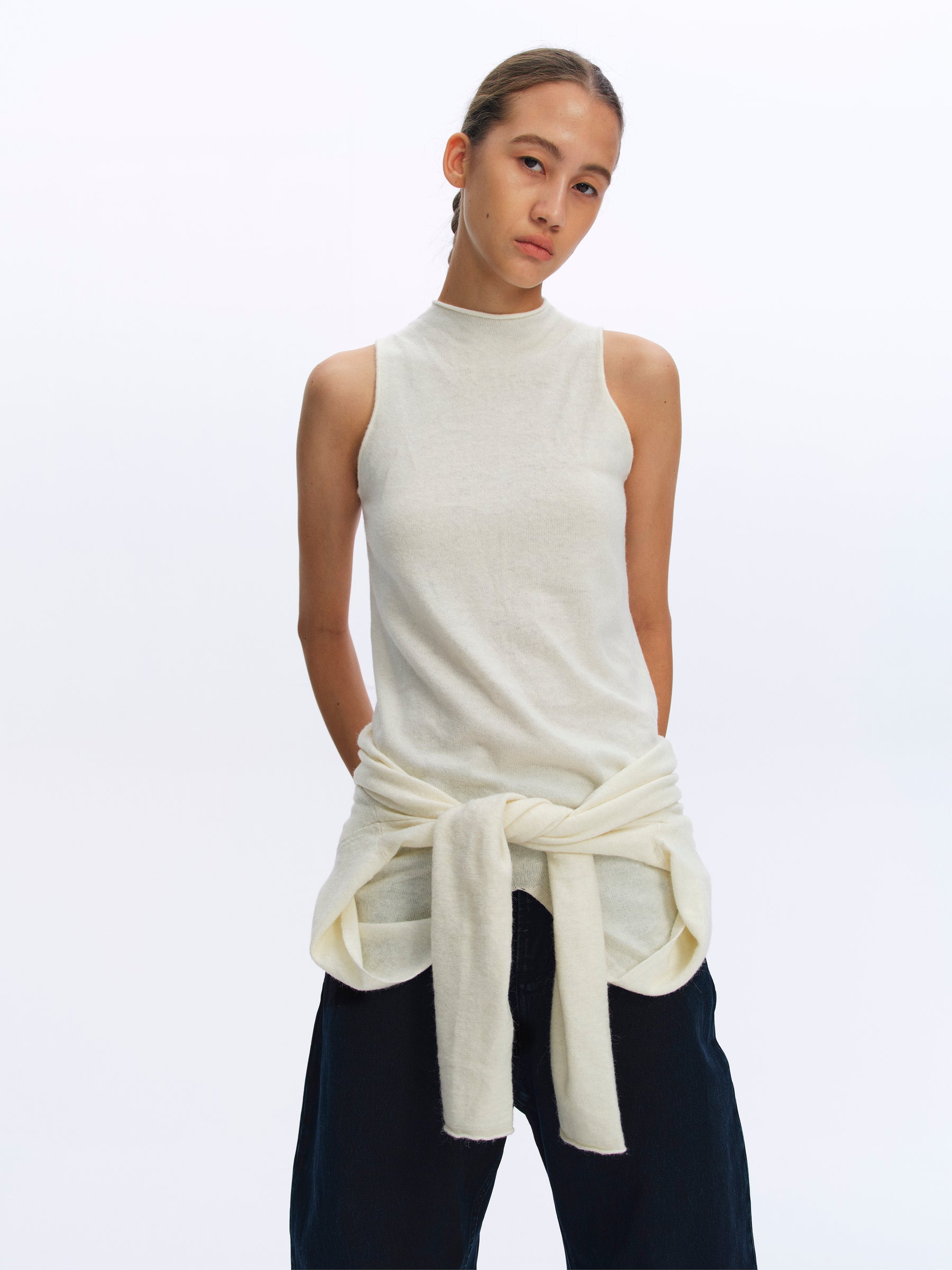 Mock Two-Piece Cut-Out Shoulder Mock Neck Top white