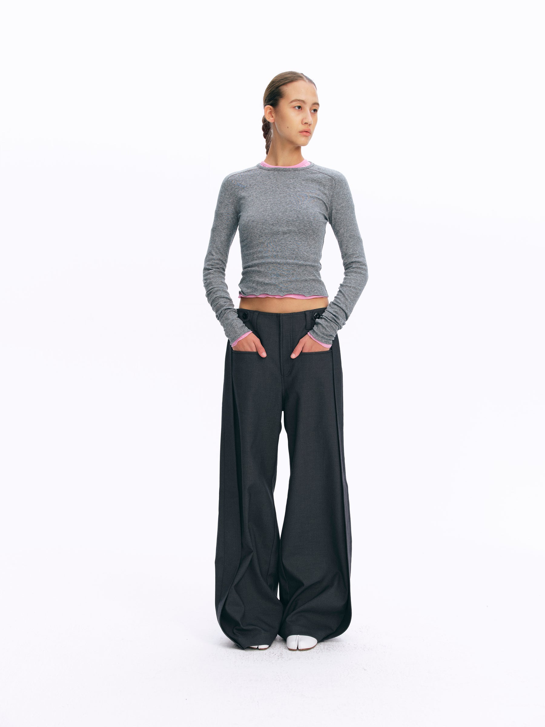 Low-Rise Side-Panel Wide-Leg Trousers gray