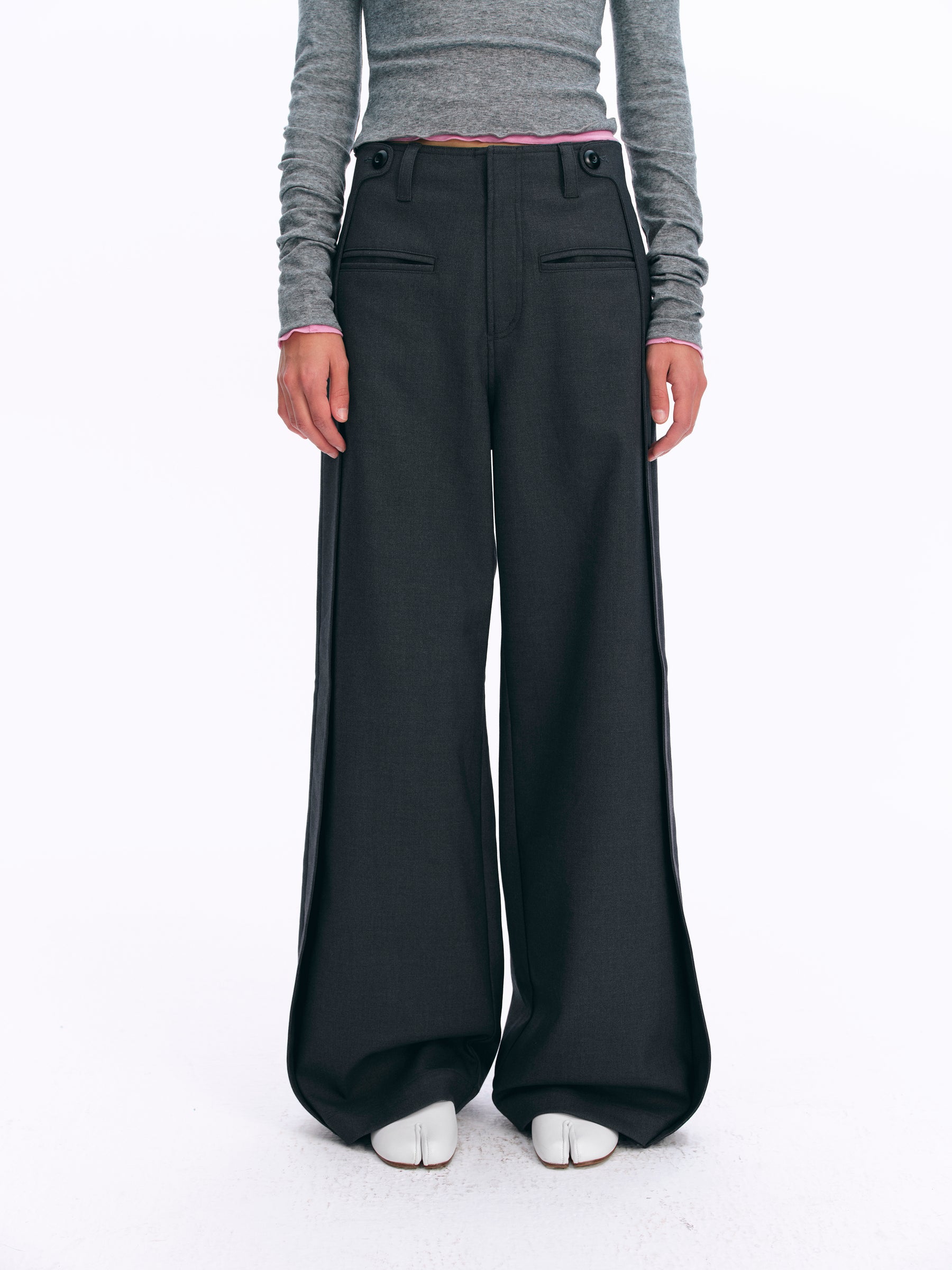 Low-Rise Side-Panel Wide-Leg Trousers gray