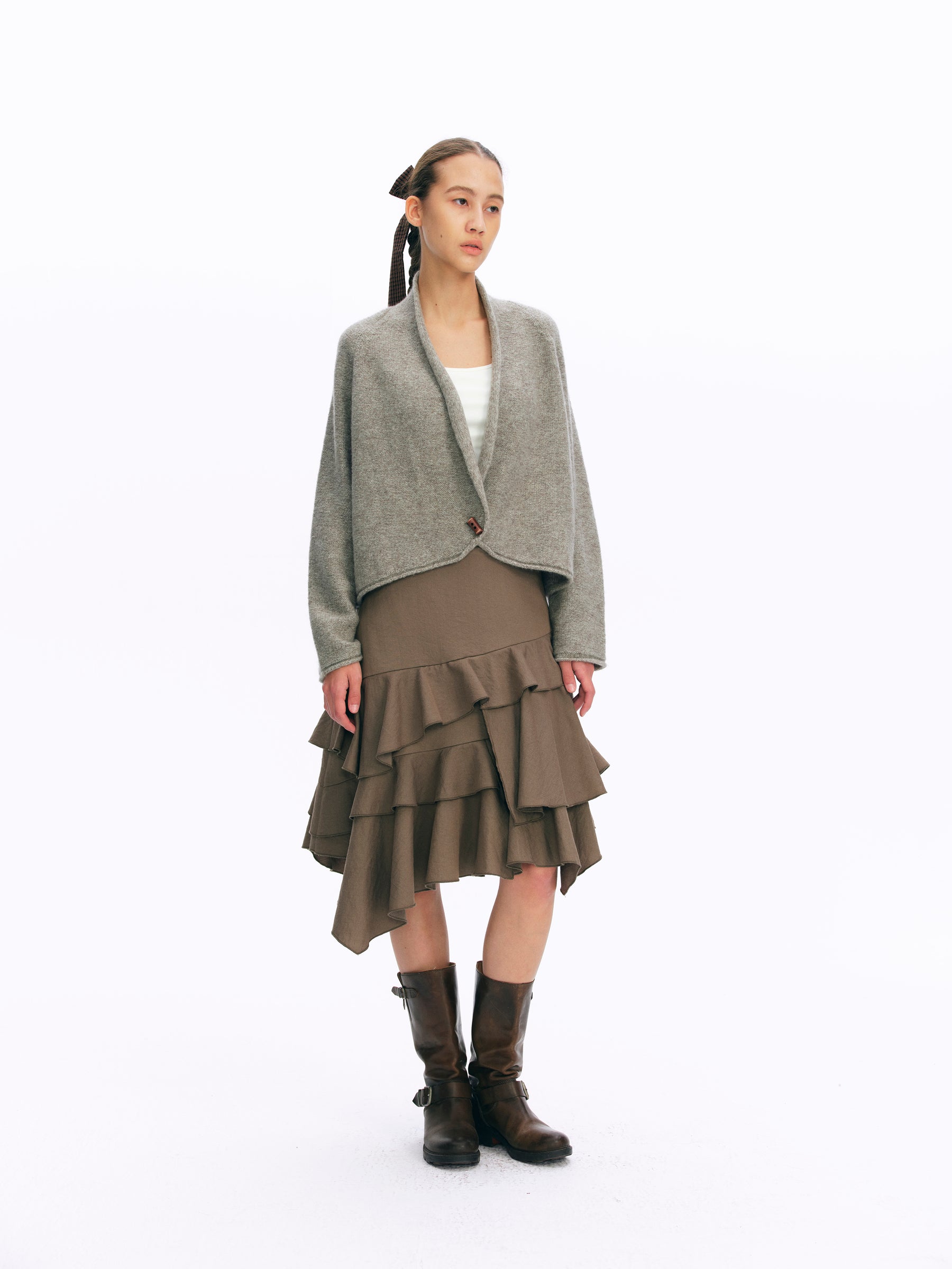 Mid-Rise Asymmetric Ruffle Tiered Skirt dusty tea green