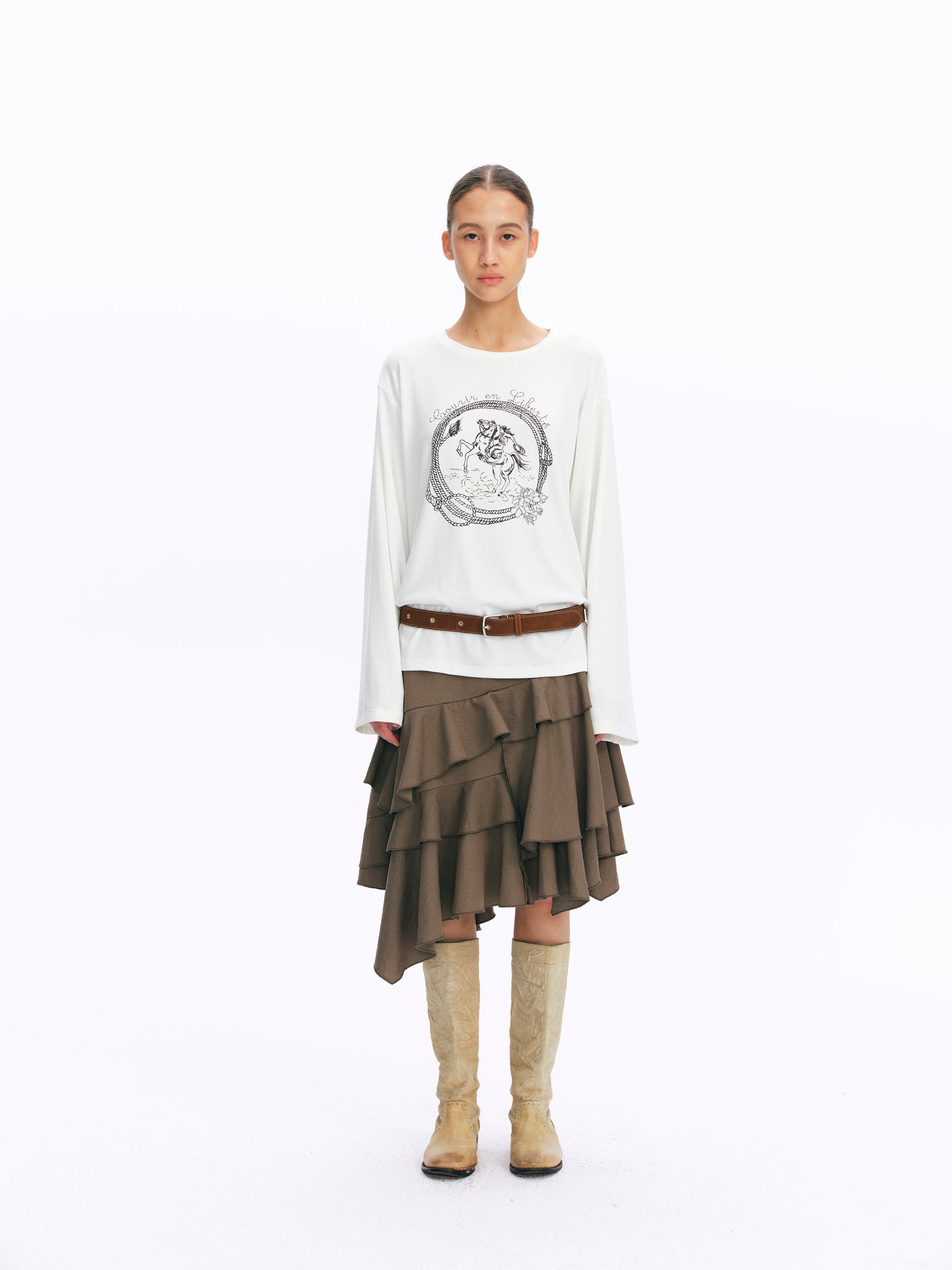 Mid-Rise Asymmetric Ruffle Tiered Skirt dusty tea green