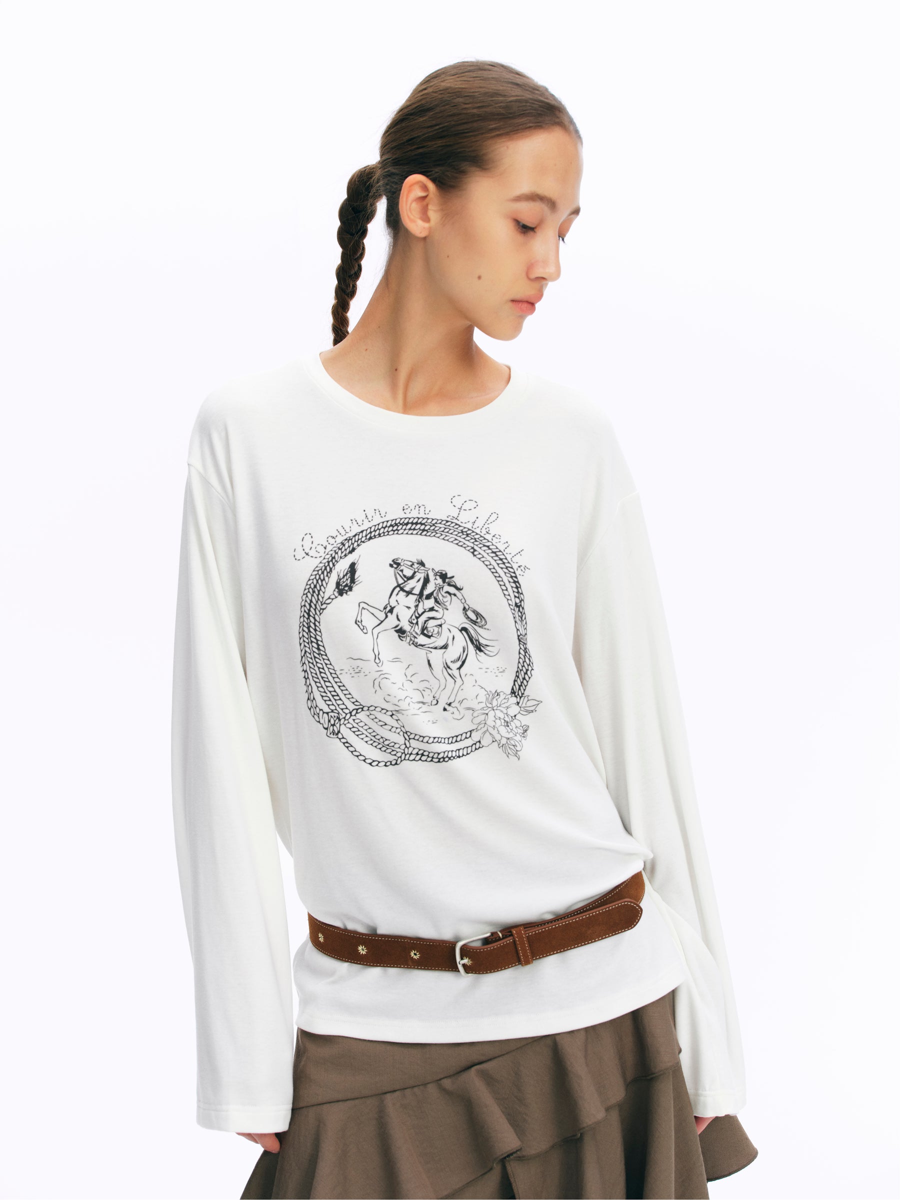 Equestrian Print Brushed Drop-Shoulder Oversized Tee white