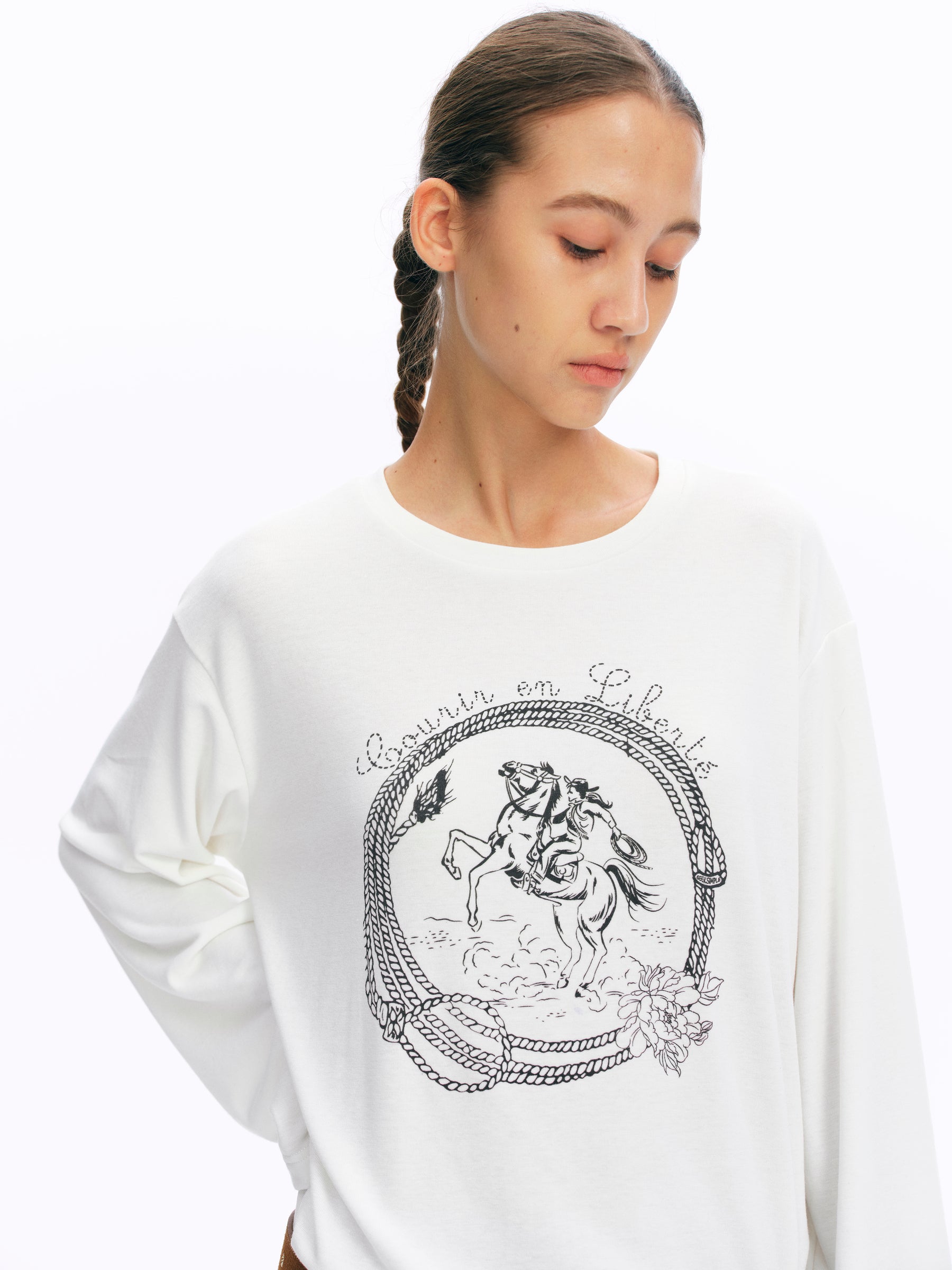 Equestrian Print Brushed Drop-Shoulder Oversized Tee white