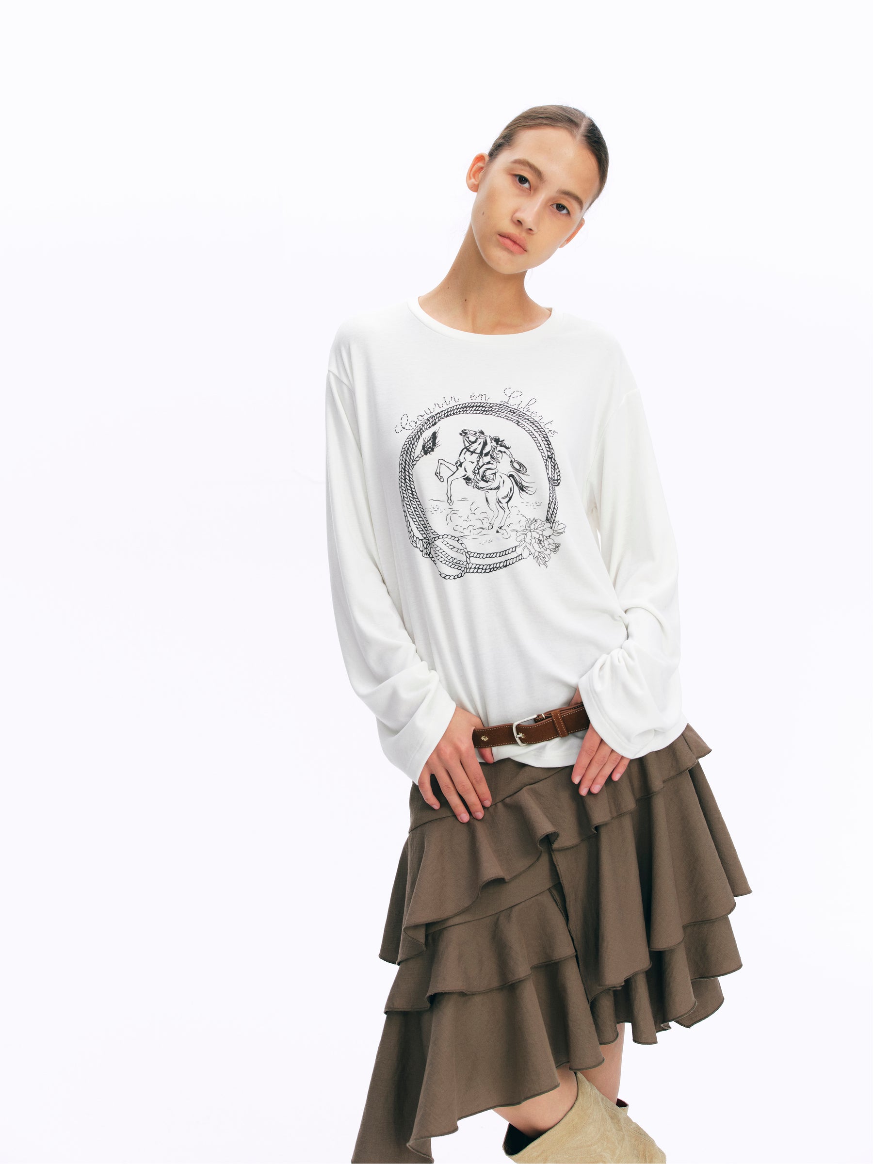 Equestrian Print Brushed Drop-Shoulder Oversized Tee white