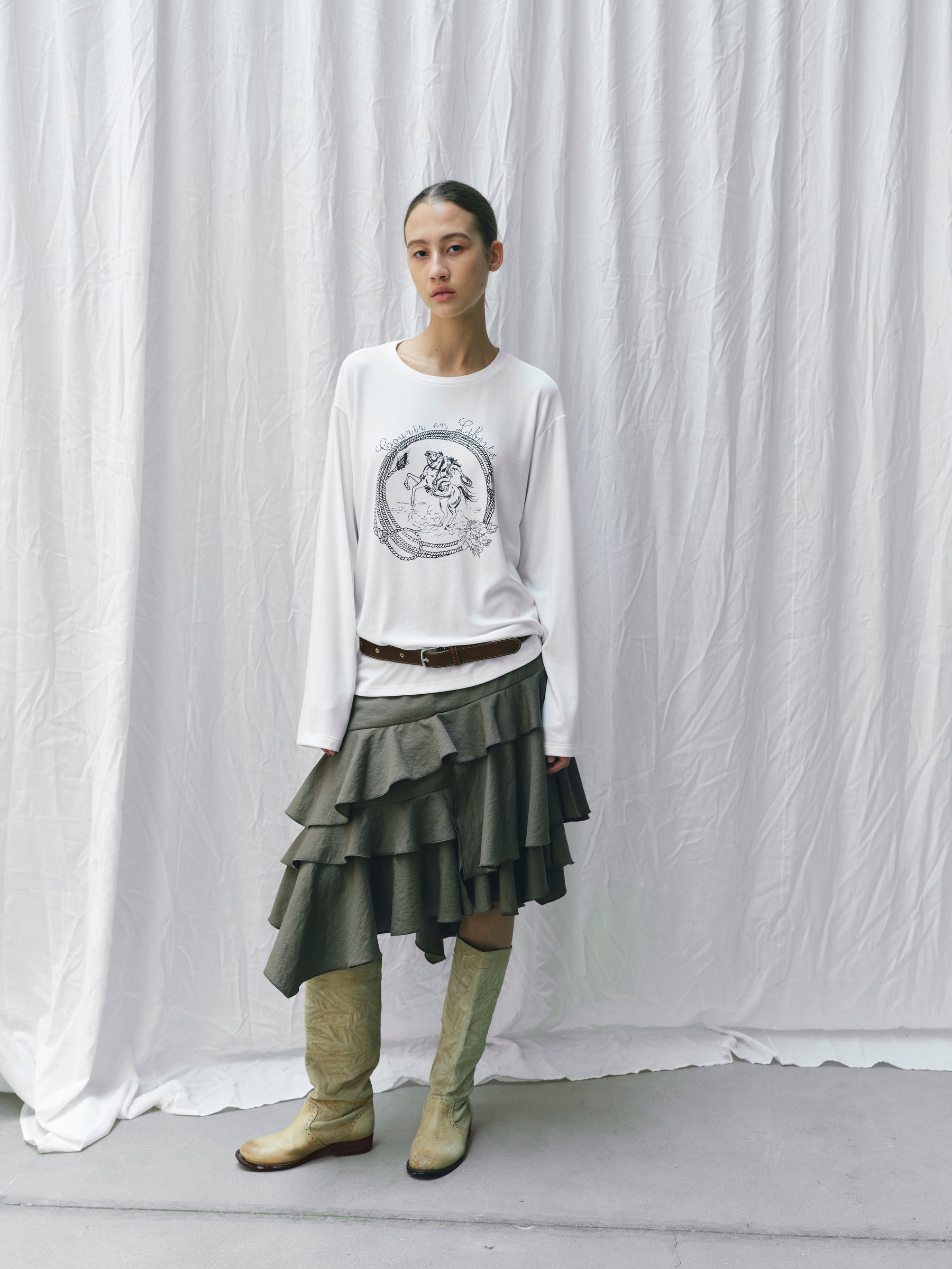 Equestrian Print Brushed Drop-Shoulder Oversized Tee white