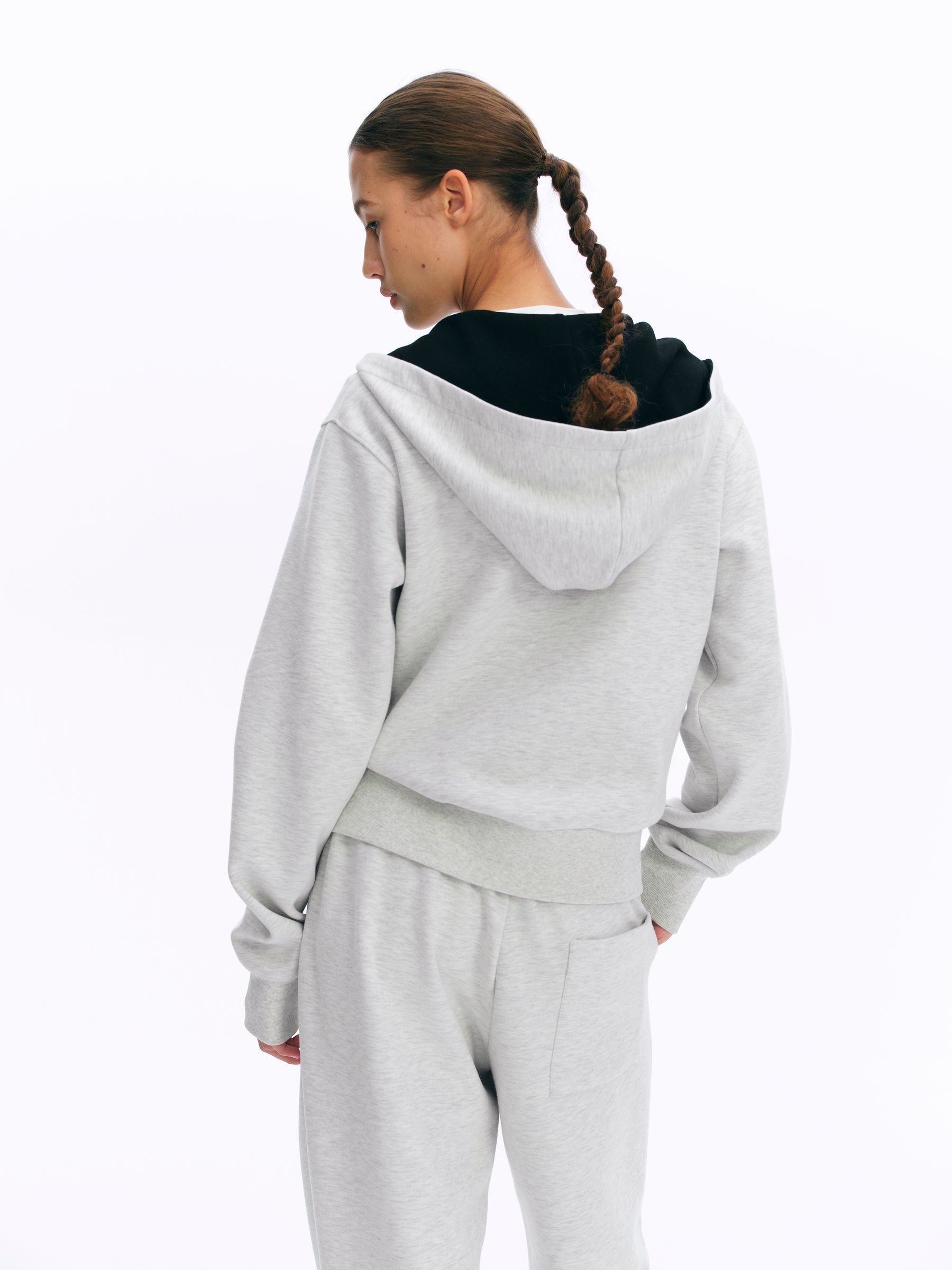 Dual-Zipper Color-Block Cropped Hoodie gray