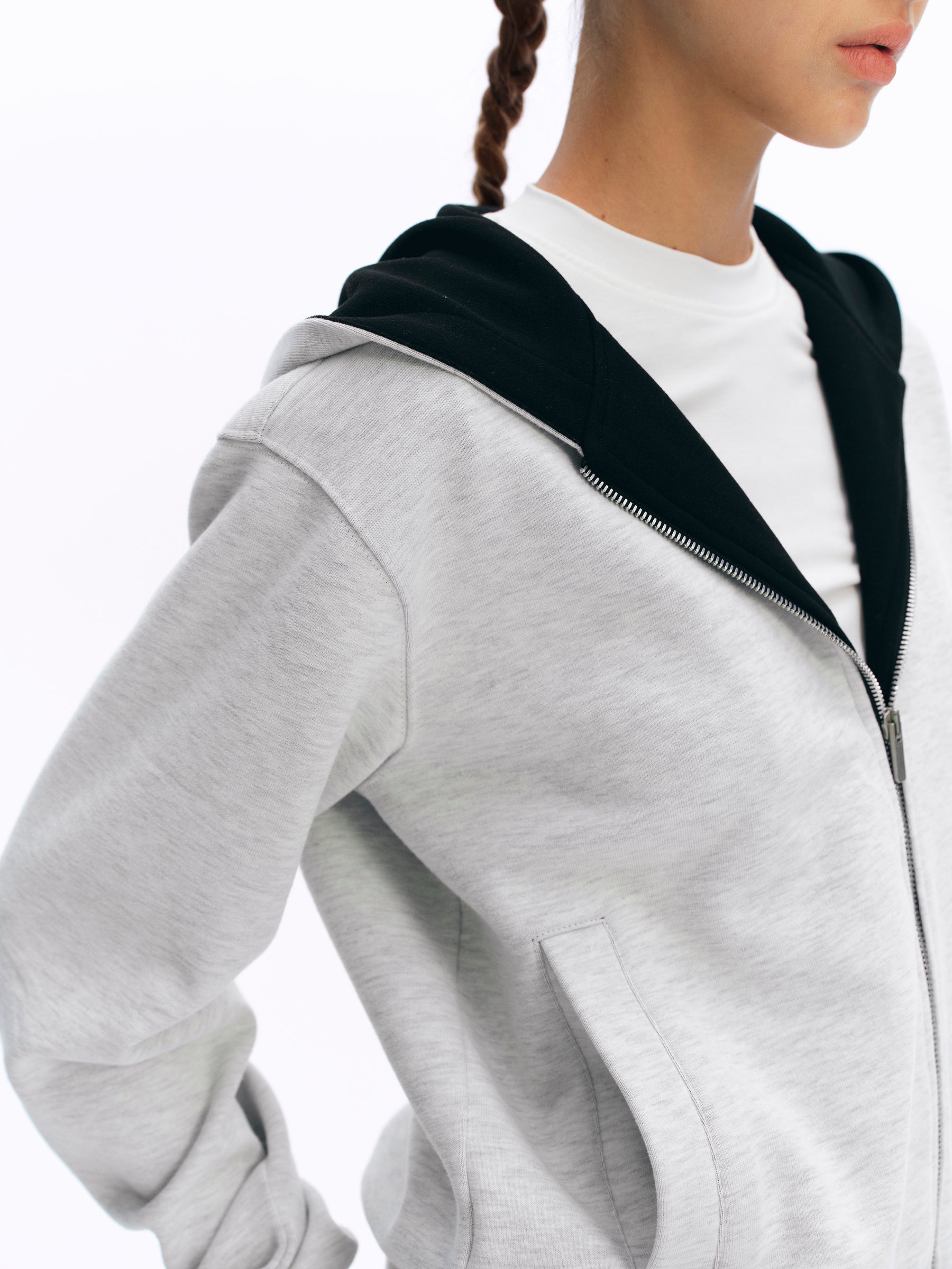 Dual-Zipper Color-Block Cropped Hoodie gray