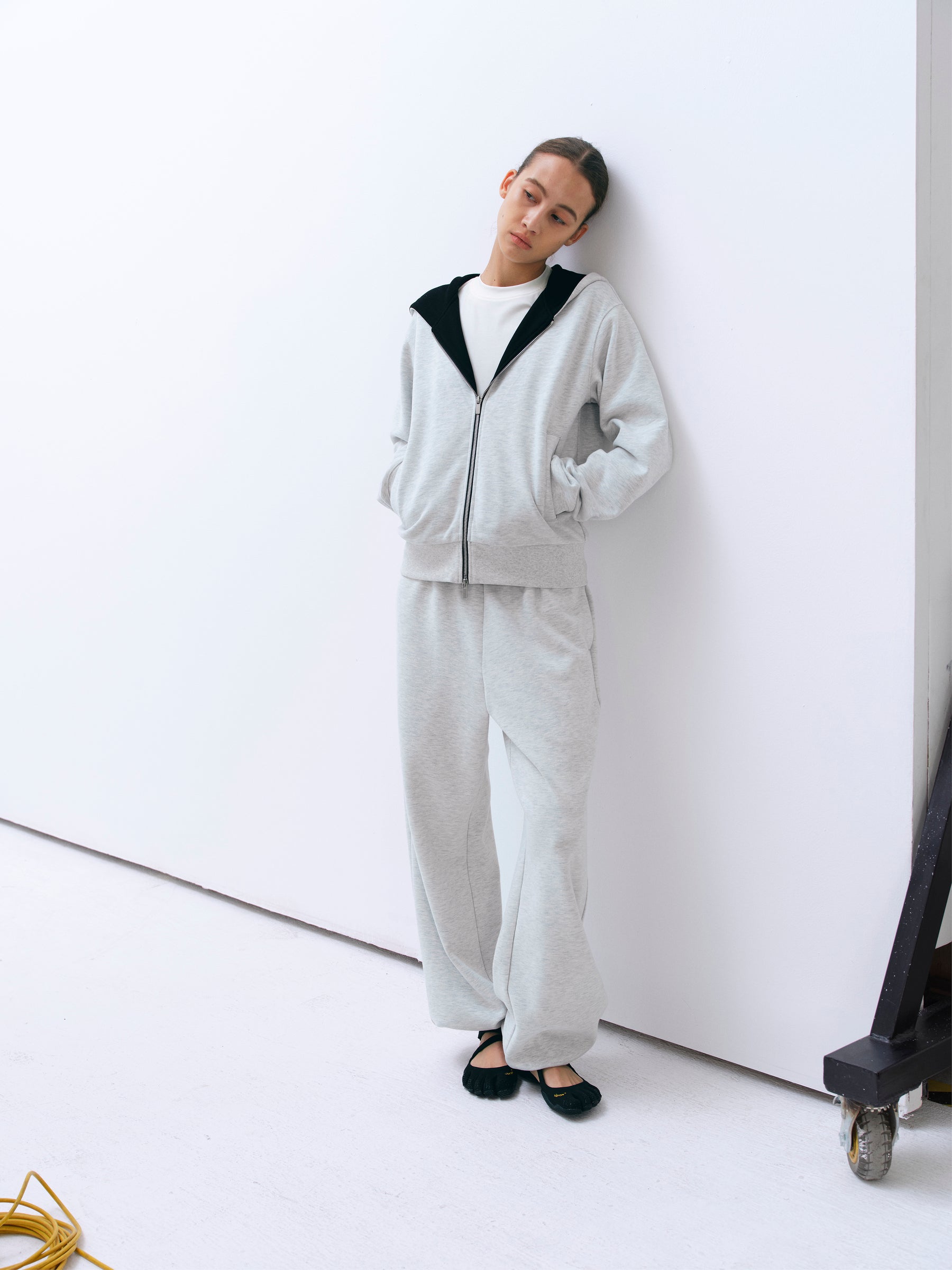 Dual-Zipper Color-Block Cropped Hoodie gray