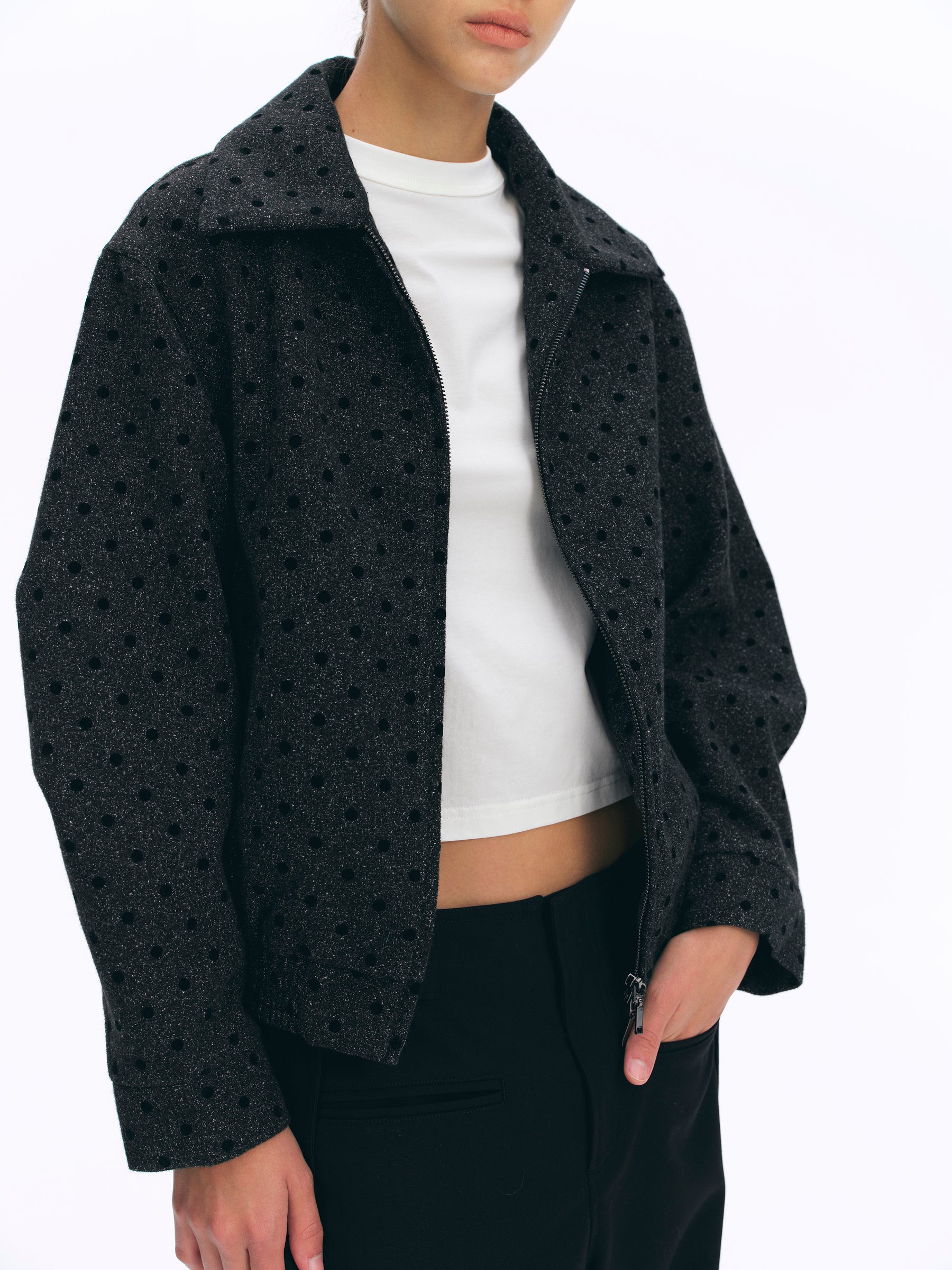 Tweed Marled Dot Jacquard Cropped Jacket deep gray