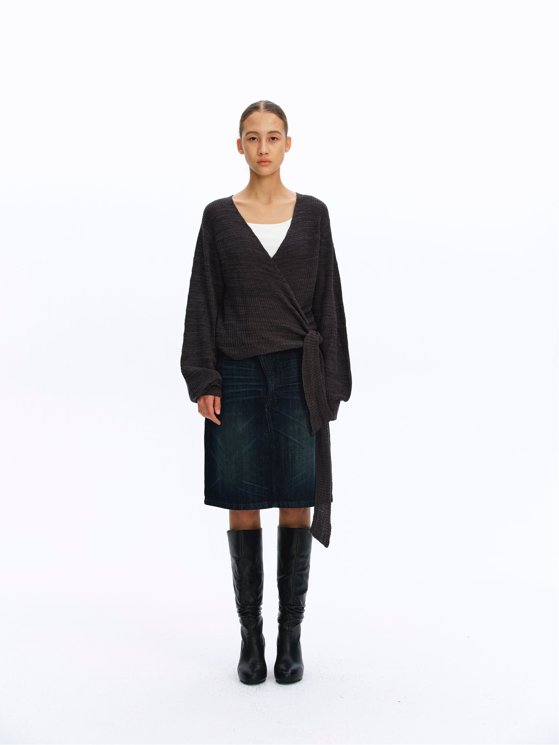 Asymmetric Tie-Front Marled Chunky Knit Cardigan deep gray