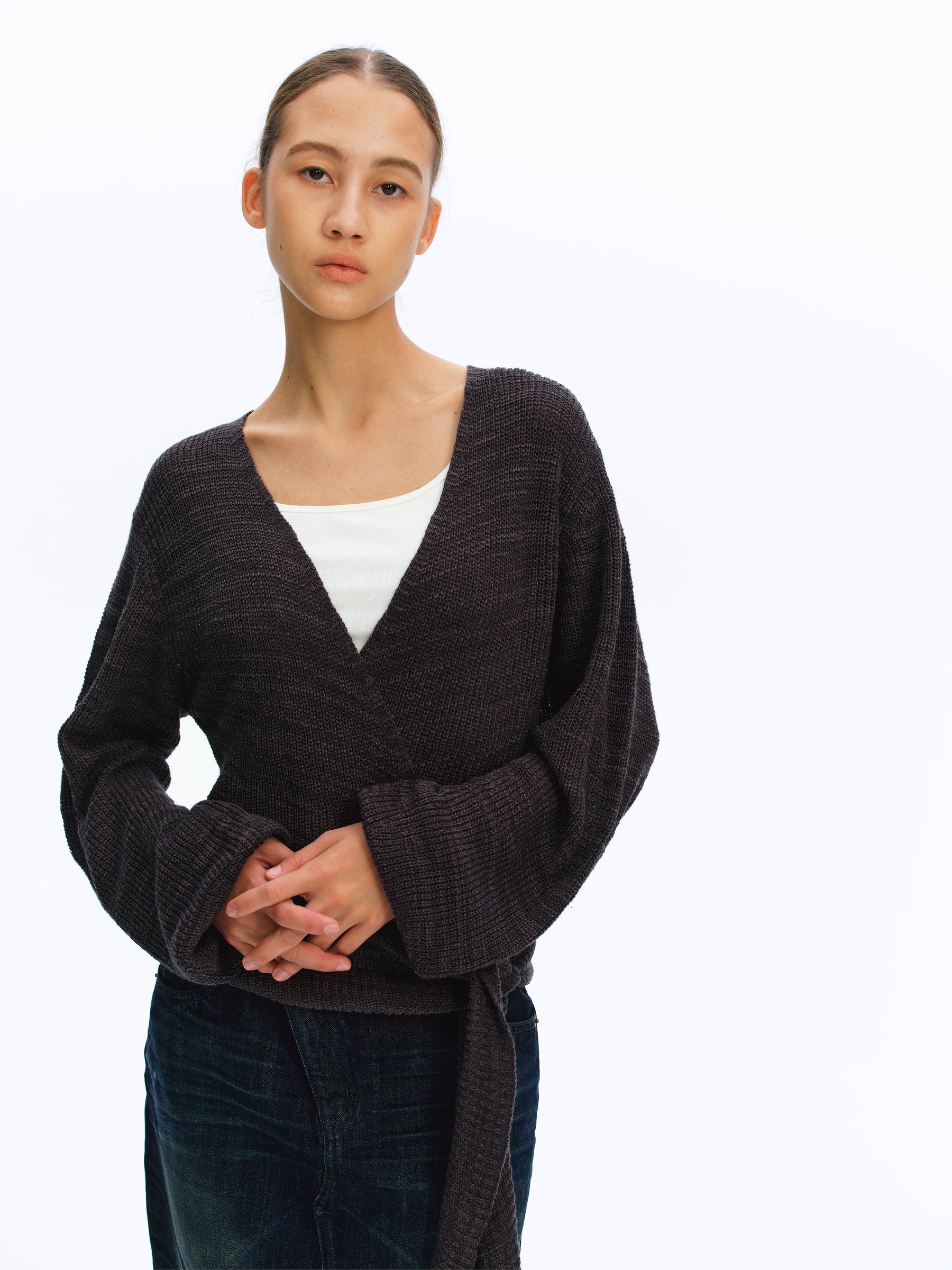 Asymmetric Tie-Front Marled Chunky Knit Cardigan deep gray