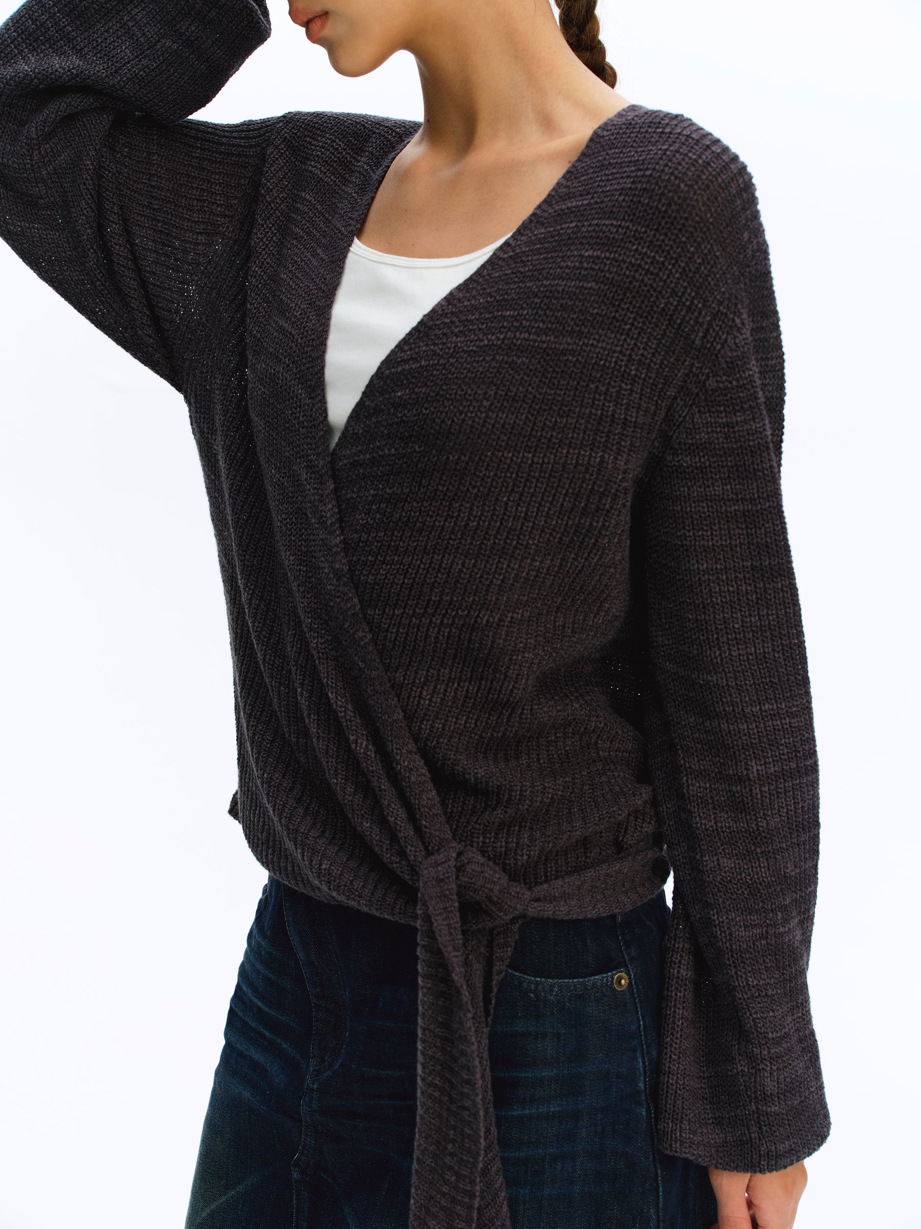 Asymmetric Tie-Front Marled Chunky Knit Cardigan deep gray