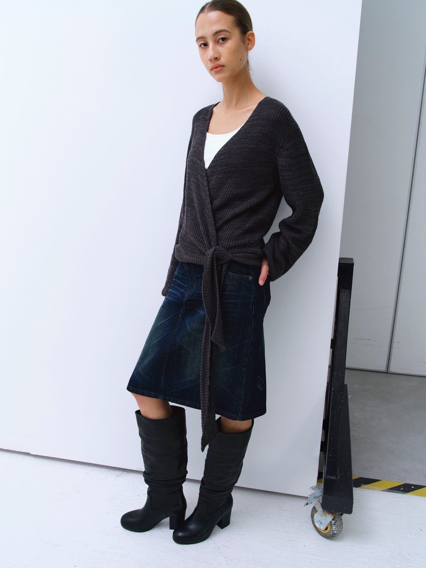 Asymmetric Tie-Front Marled Chunky Knit Cardigan deep gray