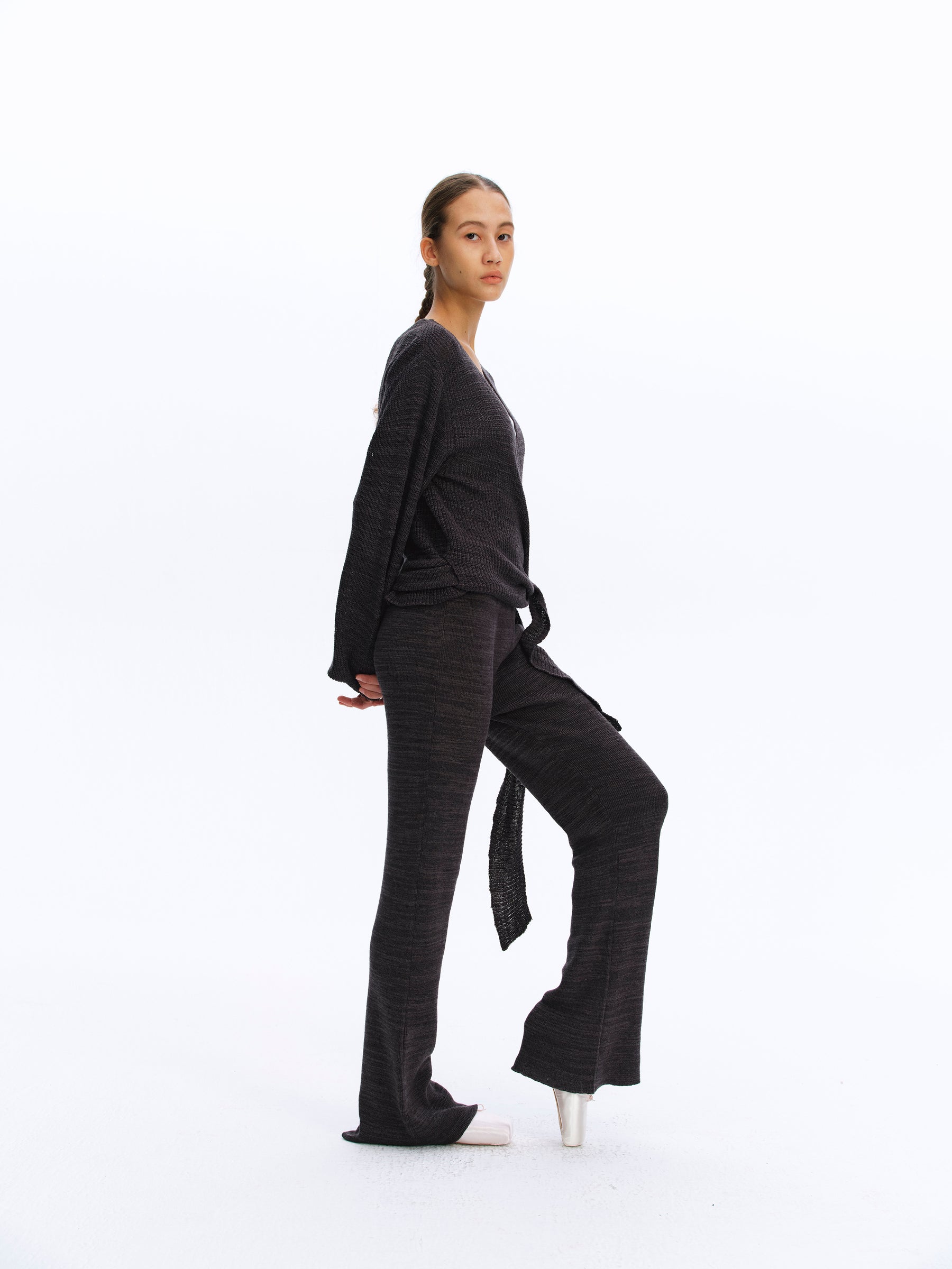 Elastic Waist Flared Knit Trousers deep gray