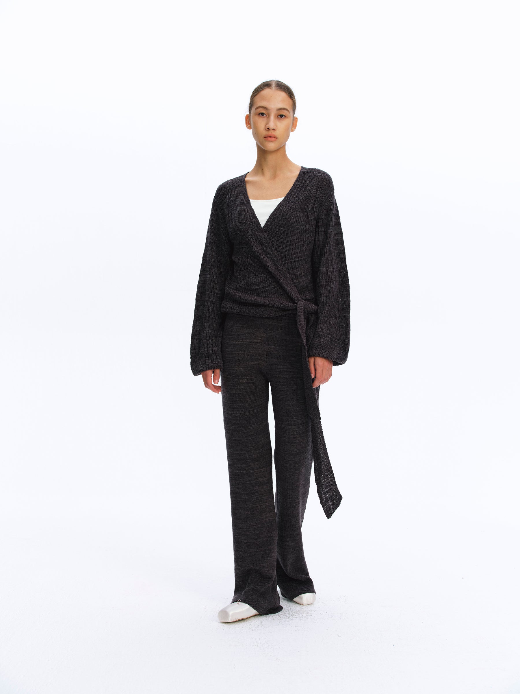 Asymmetric Tie-Front Marled Chunky Knit Cardigan deep gray