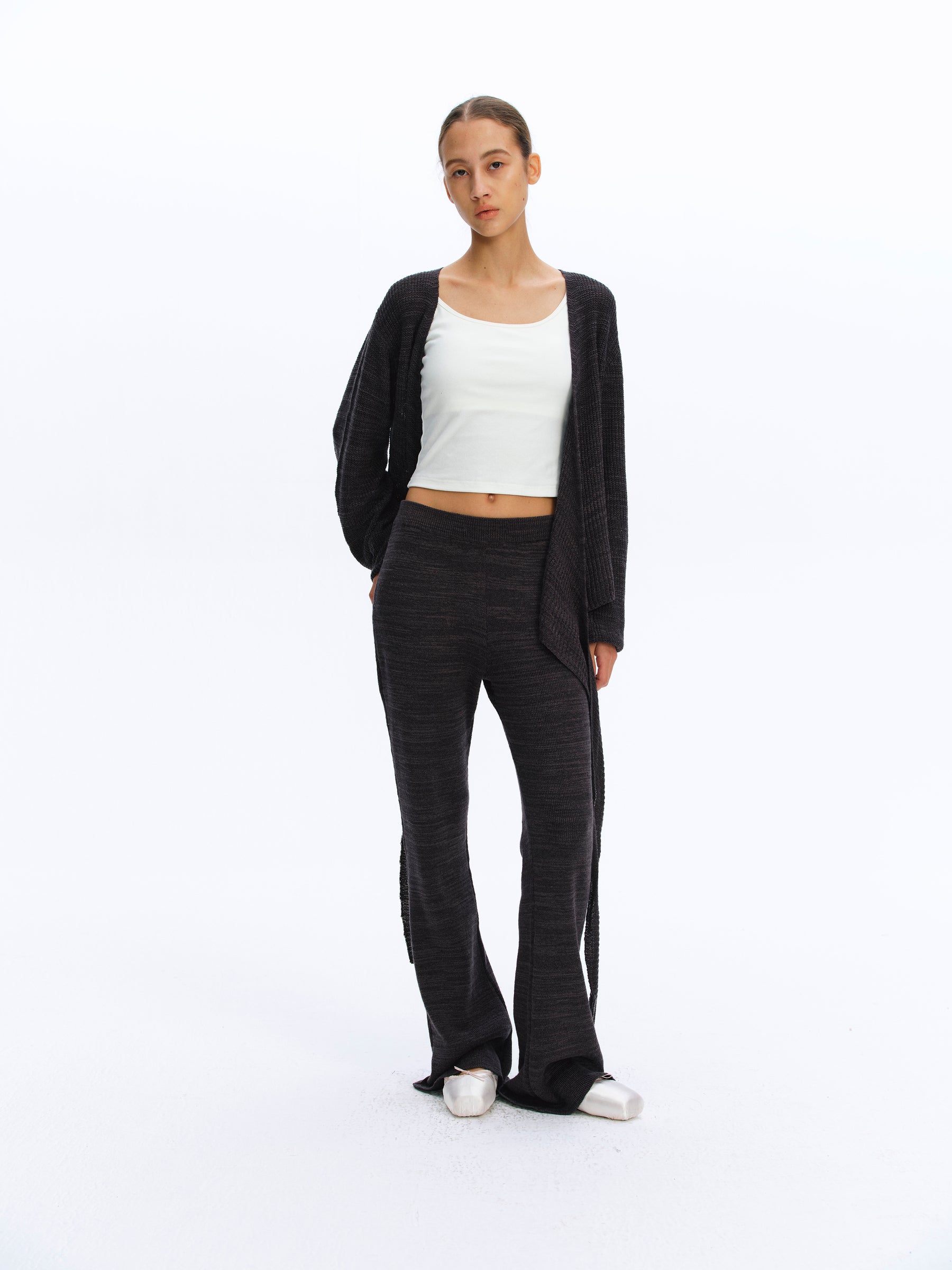 Elastic Waist Flared Knit Trousers deep gray