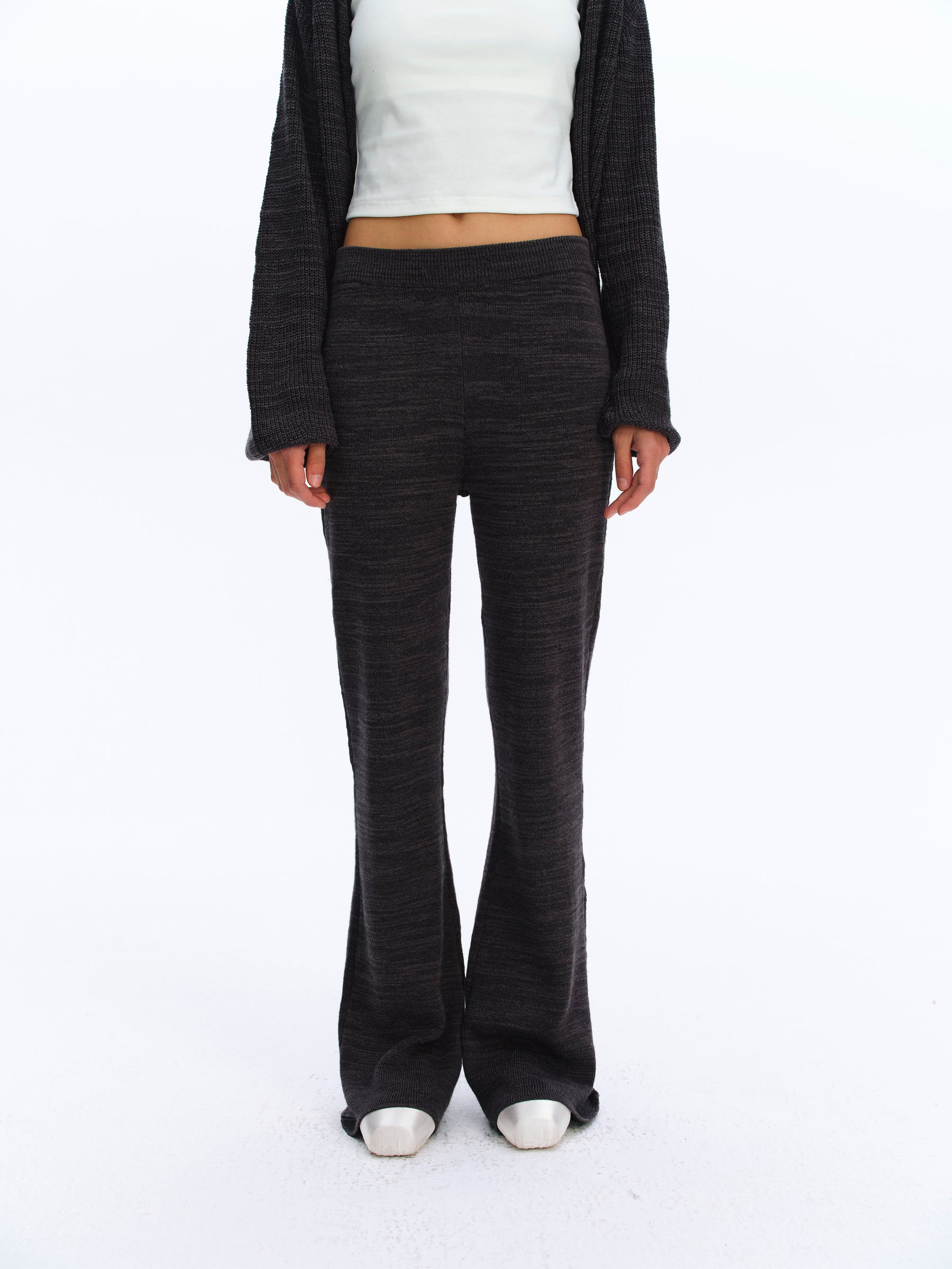 Elastic Waist Flared Knit Trousers deep gray