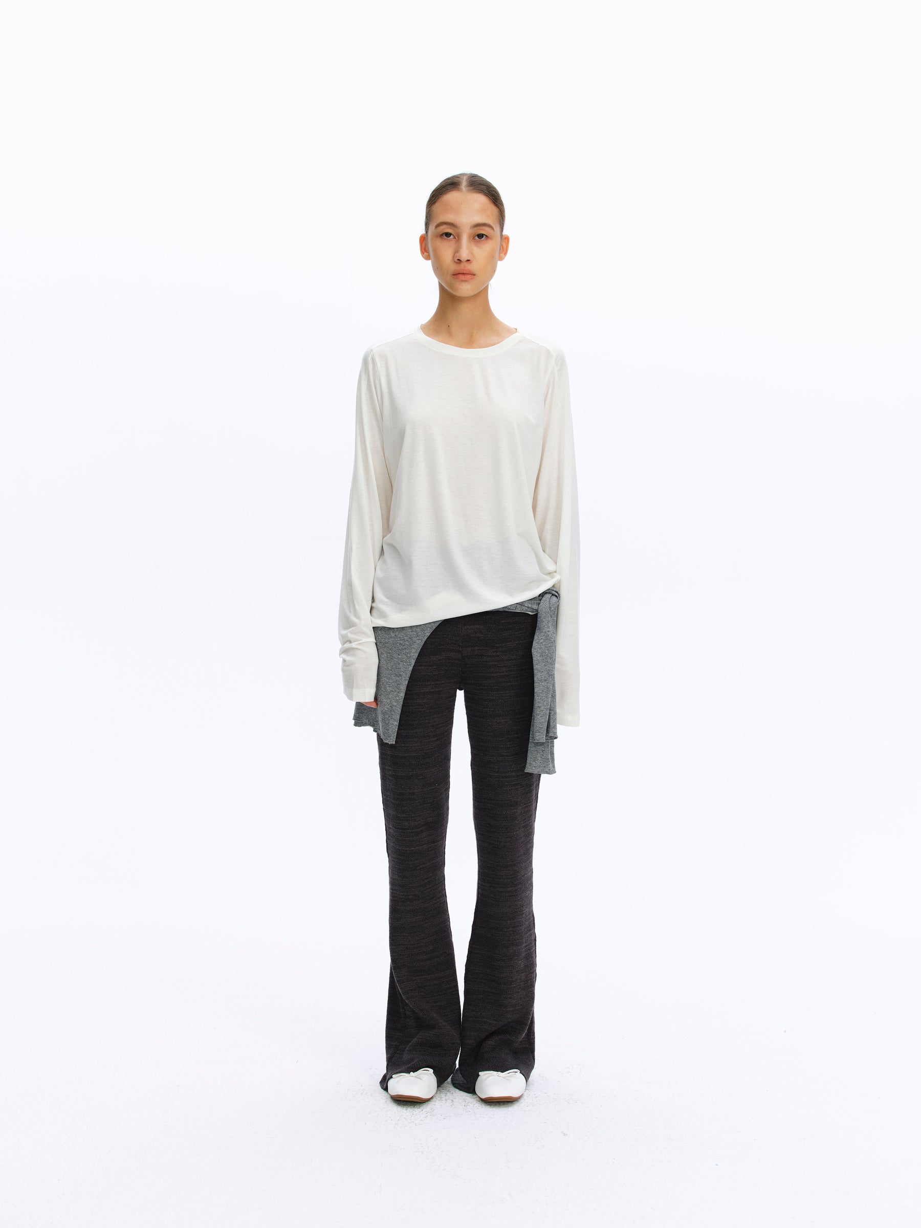 Elastic Waist Flared Knit Trousers deep gray